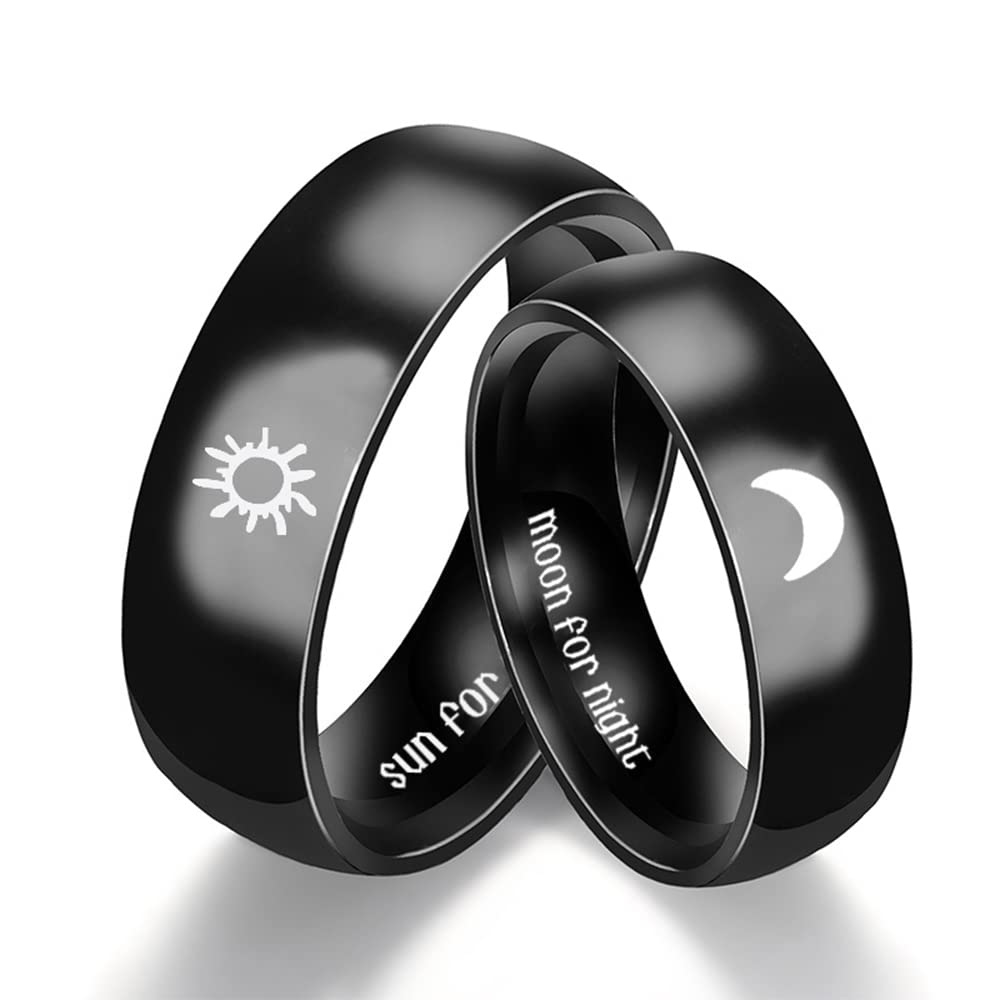 VUZALRANO Black Sun Moon Couple Rings - Stainless Steel Matching Bands for Wedding & Engagement