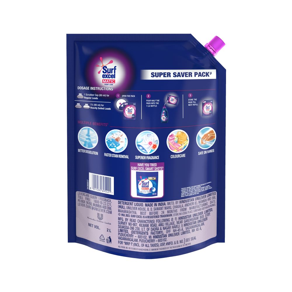 Surf Excel Matic Front Load Liquid Laundry Detergent 2L Refill Pouch - Tough Stain Remover for Front Loading Washing Machines | Ideal for Deep Cleaning Clothes, Removing Grease & Food Stains | Perfect for Families, Gym Wear & Workout Clothes
