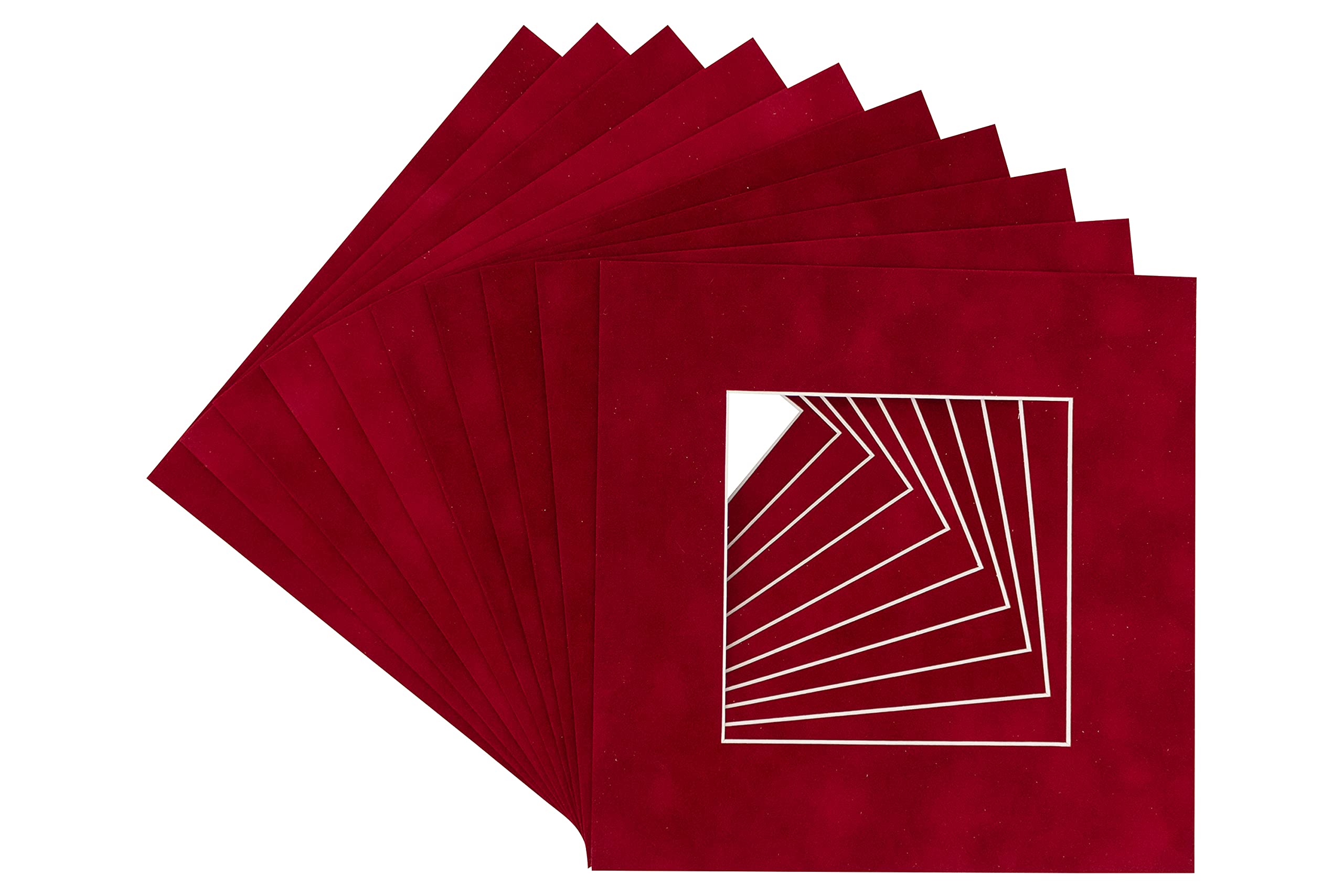16x16 Inch Precut Bright Red Suede Picture Mat Board - Acid Free Bevel Cut Mat for 8x8 Inch Photos & Art - 10 Pack with Backing Boards & Clear Bags - Perfect for Framing, Scrapbooking & Home Decor