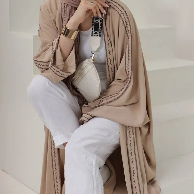 Elegant Embroidered Lace Cardigan Open Abaya Dress for Muslim Women - Modest Islamic Fashion for Prayer, Wedding & Special Occasions