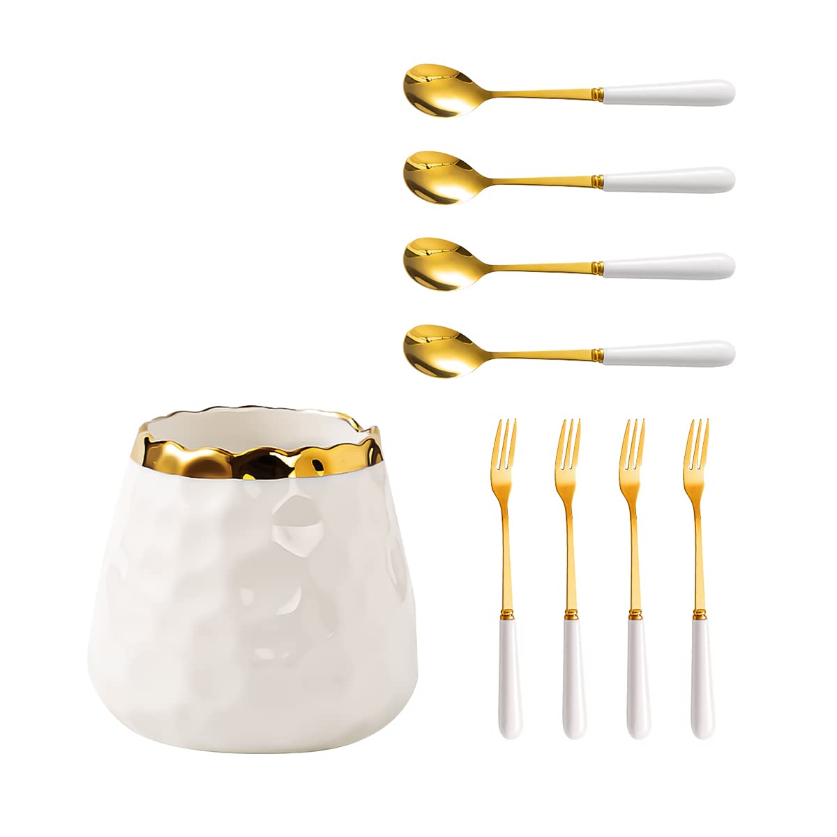 Premium Coffee Spoons and Forks Set - 4 Gold Dessert Forks & 4 Small Spoons with White Ceramic Jar - Elegant Flatware for Coffee, Tea, Desserts, Parties & Home Decor (White) - Perfect for Afternoon Tea, Bridal Showers & Hostess Gifts