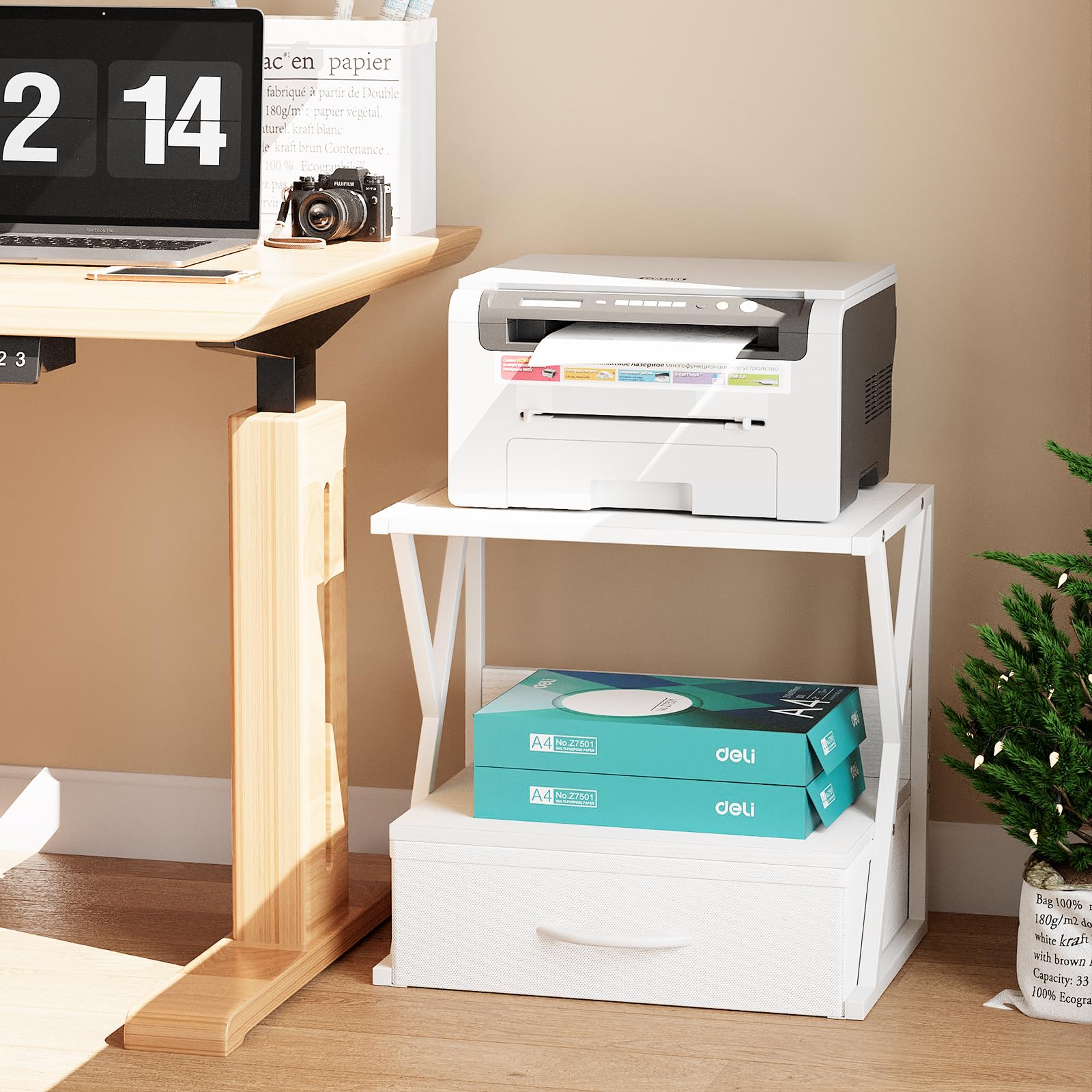 aboxoo 2-Tier Printer Stand with Storage Drawer - White Desktop & Under Desk Shelf Organizer for Fax Machine, 3D Printer, Scanner - Perfect for Home Office Workspace Organization