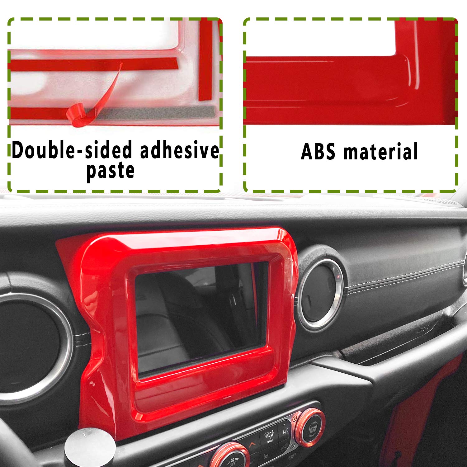 Bolaxin ABS Dashboard GPS Navigation Panel Frame Interior Trim Decor Cover for Jeep Wrangler JL JLU 2018-2020 | Red Car Accessories | Off-Road & Daily Driving Upgrade