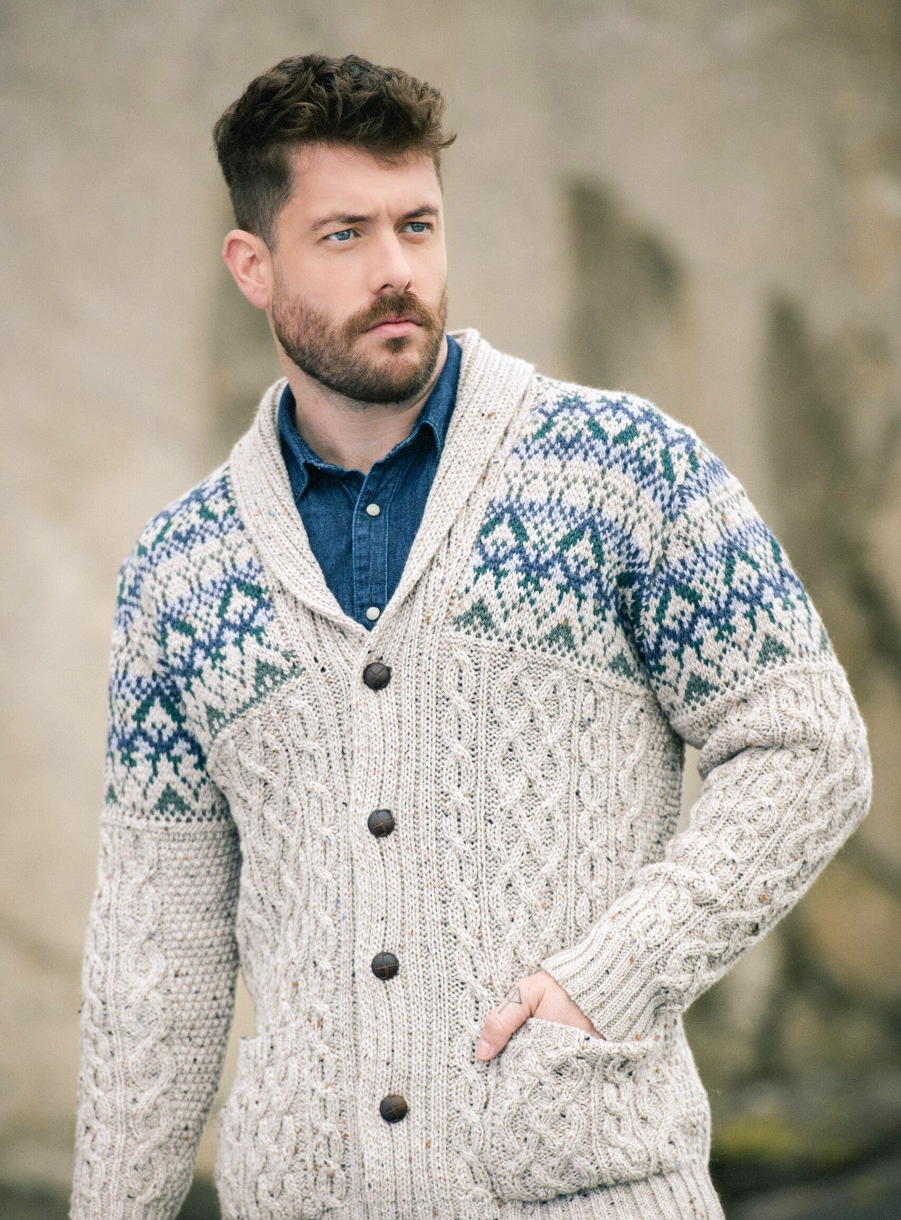 Nephin Fair Isle Shawl Cardigan for Women - Cozy Knit Sweater with Cable Stitch Design [2 Colors] - Perfect for Winter Layering, Office Wear & Casual Outfits