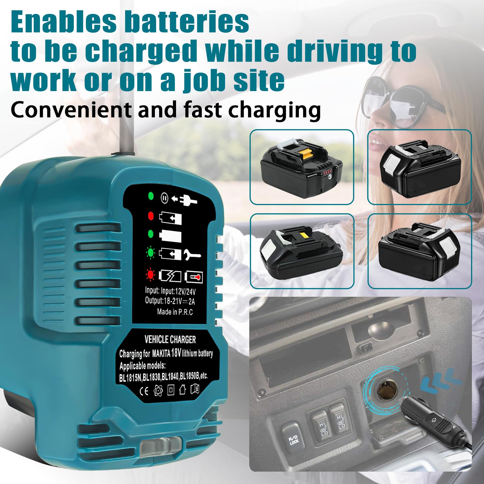 Makita 18V Lithium Battery Replacement Charger - Portable & Compact Car Charger with Cigarette Lighter Plug - Perfect for Power Tools On-The-Go, Job Sites & Road Trips