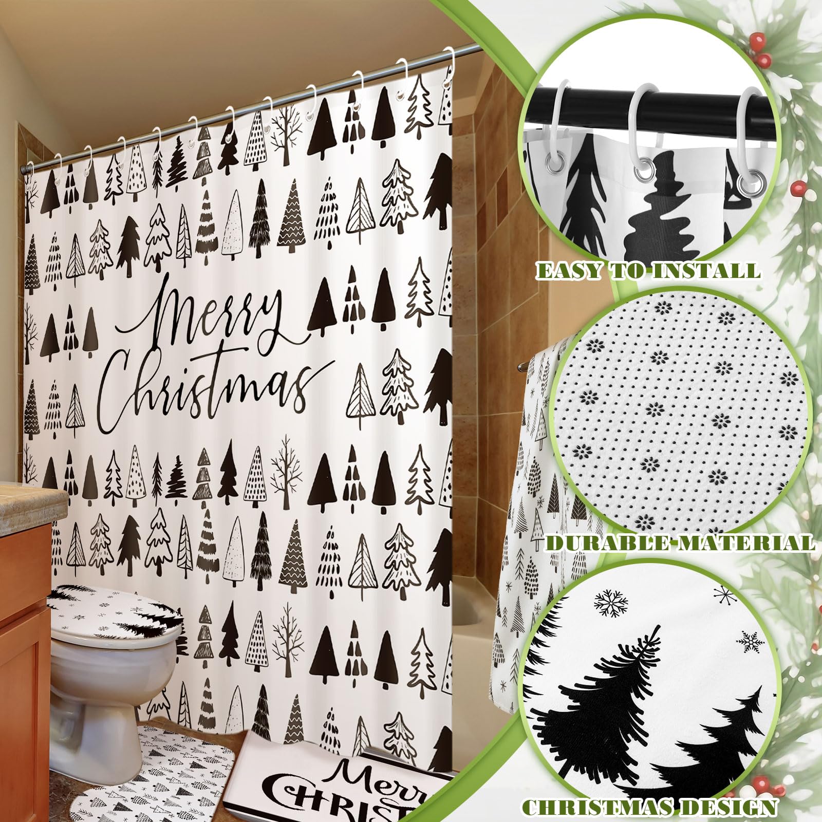 Newwiee 7-Piece Christmas Bathroom Set - Xmas Shower Curtain, Non-Slip U-Shape Rug, Toilet Lid Cover, Bath Mat & 3 Washcloths - Holiday Bathroom Decor for Christmas (Tree Design) - Perfect for Festive Home Decor & Gift Giving