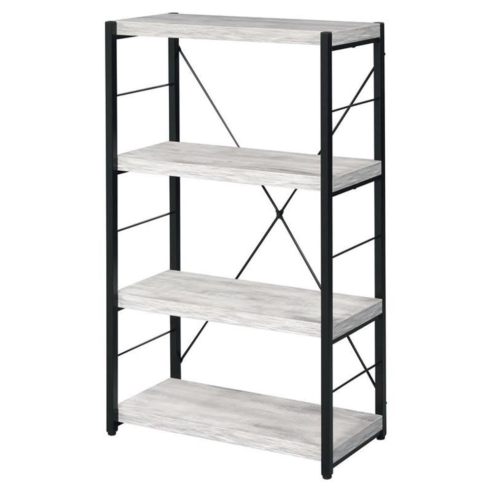 Acme Jurgen 4-Tier Wooden Bookshelf - Rectangular Storage Shelf in Antique White & Black - Perfect for Living Room, Bedroom, Office & Study Organization