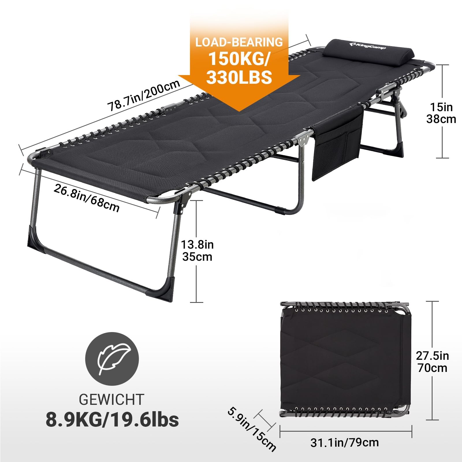 **KingCamp Oversized Padded Folding Chaise Lounge Chair – Heavy-Duty 330lb Capacity, Adjustable Reclining for Outdoor, Patio, Beach, Lawn, Pool | Sunbathing, Tanning, Lounging with Pillow & Storage Pocket**    *(Perfect for Relaxing by the Pool, Beach Vacations, Backyard Lounging, or Camping Comfort!)*