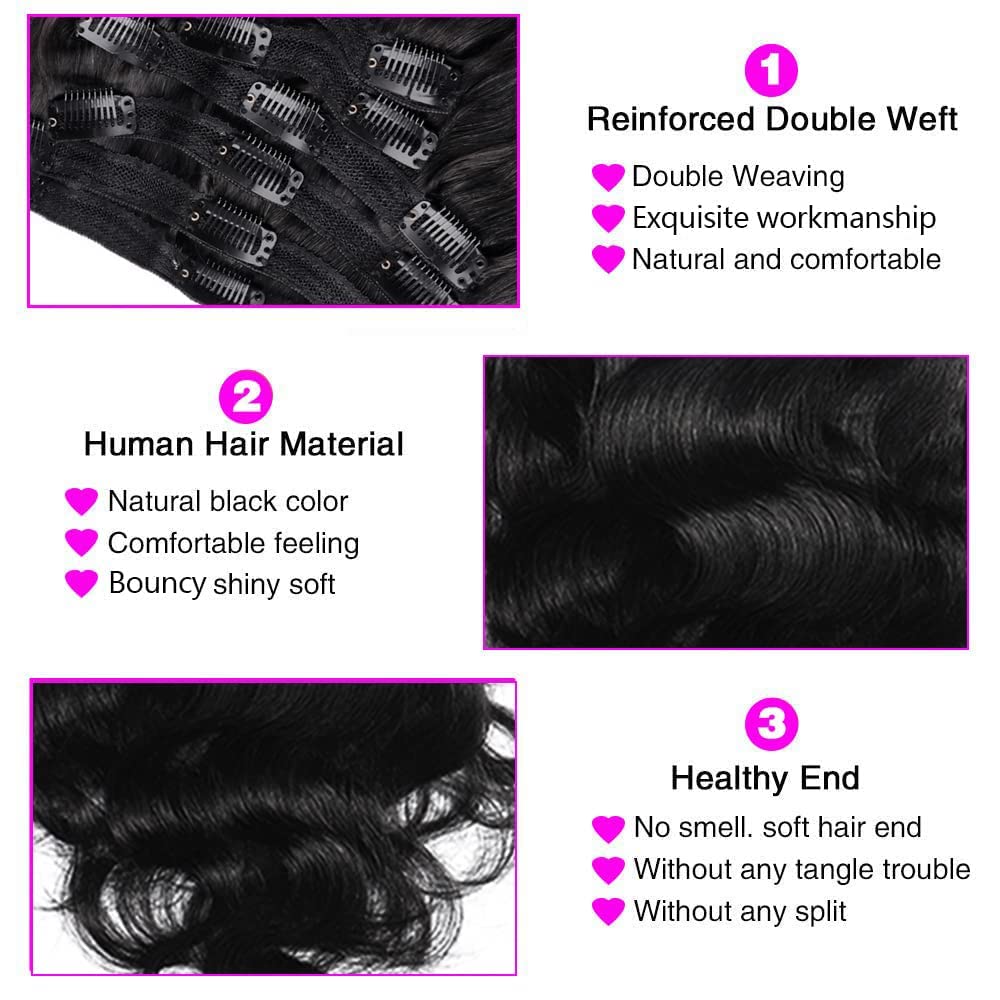 120g 8Pcs Body Wave Clip in Human Hair Extensions for Women - Brazilian Remy Real Human Hair with 18 Clips (14inch, Natural Color) - Perfect for Daily Styling, Parties & Special Occasions