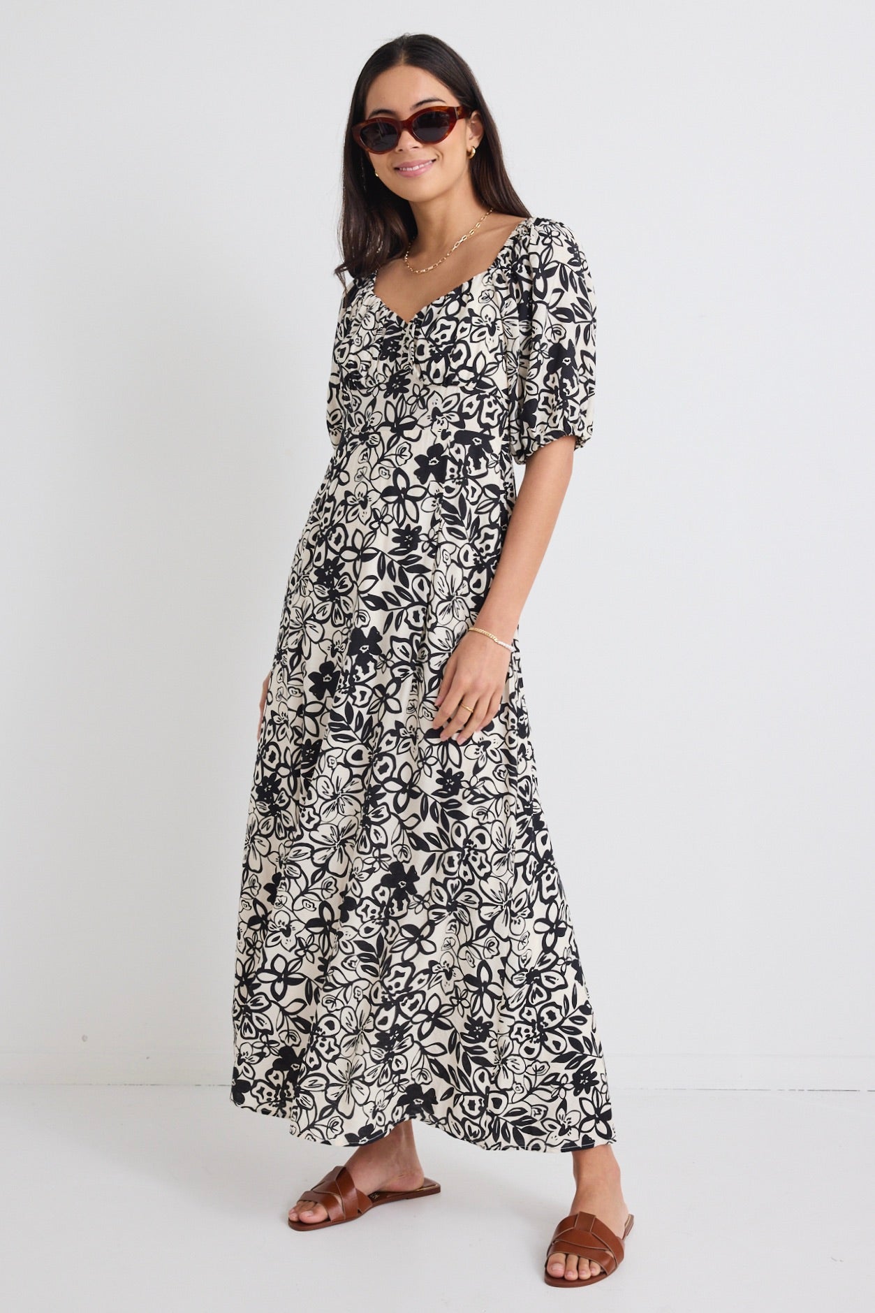 Charming Cream & Black Floral Smocked Bodice Short Sleeve Midi Dress - Perfect for Summer Weddings, Garden Parties & Date Nights