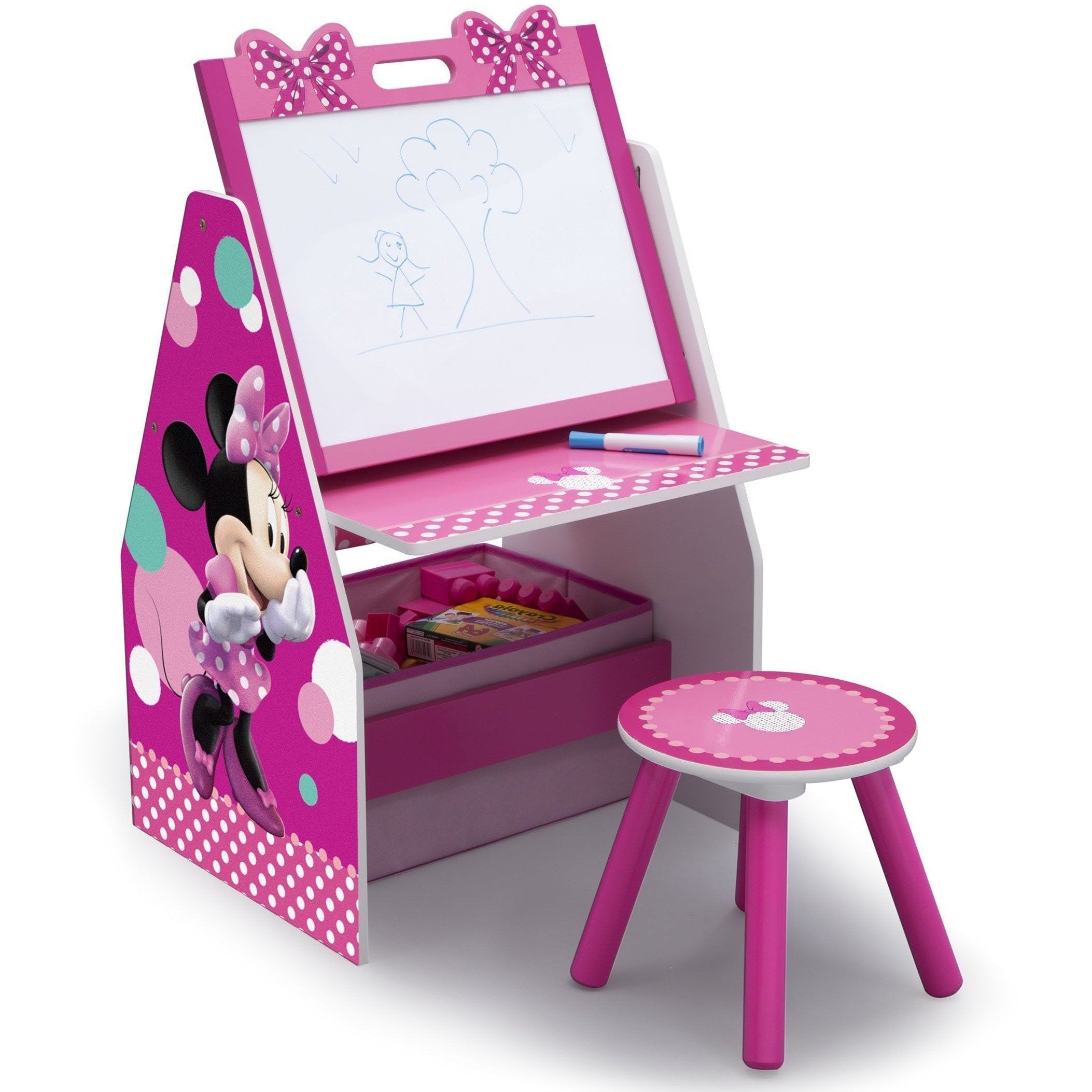 Minnie Mouse Deluxe Kids Art Table with Easel, Desk, Stool & Toy Organizer - Perfect for Creative Play, Learning & Room Organization