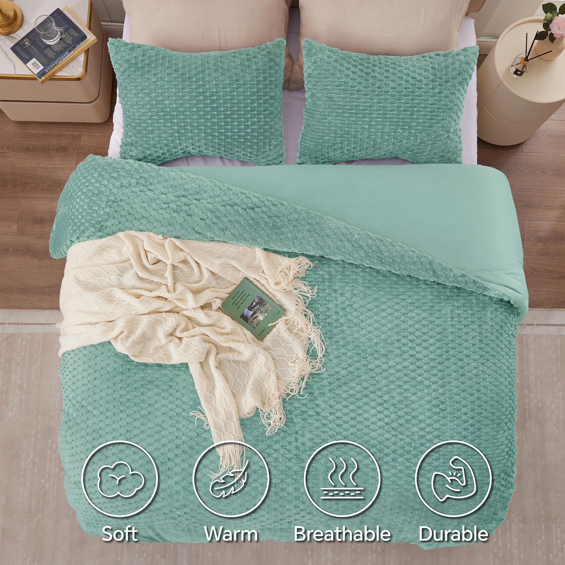 Fluffy King Comforter Set - Luxury Fuzzy Brushed Plaid Pattern Bedding | Ultra Soft Velvet Winter Comforter in Eggshell Blue | 3-Piece Bed Set for Cozy Nights & Cold Weather | Perfect for Master Bedroom, Guest Room & Dorm Decor