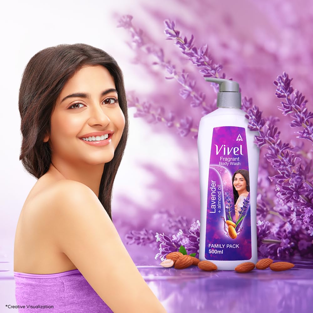 Vivel Fragrant Body Wash with Lavender & Almond Oil - 500ml Moisturizing Shower Gel for Soft, Smooth Skin - Gentle Cleansing for Women & Men - Perfect for Daily Relaxation & Aromatherapy in Bath or Shower