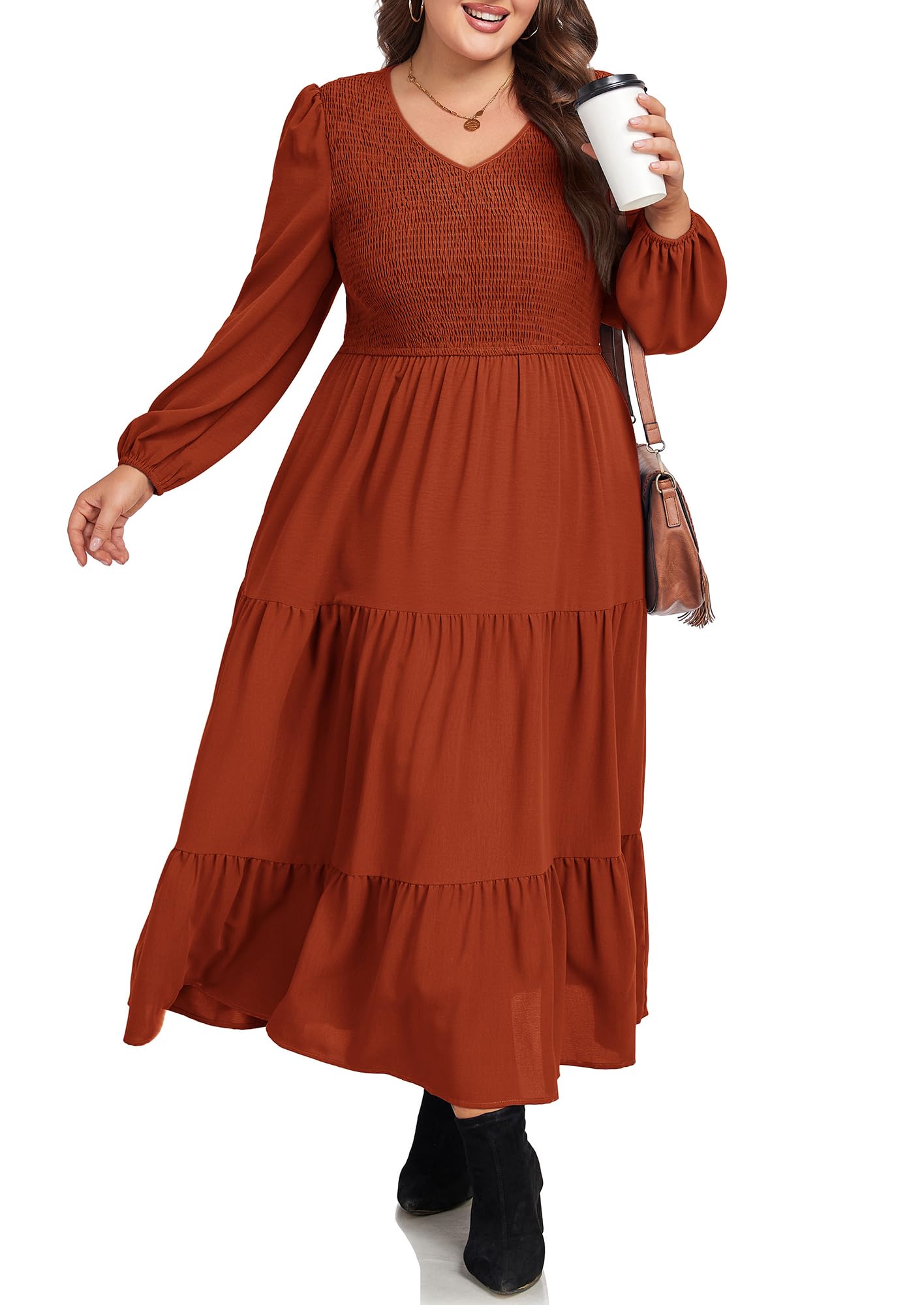 Hanna Nikole Women's Plus Size Spring Maxi Dress - Long Sleeve Smocked Flowy Tiered Dress with Pockets for Wedding Guest, Casual Wear & Outdoor Events