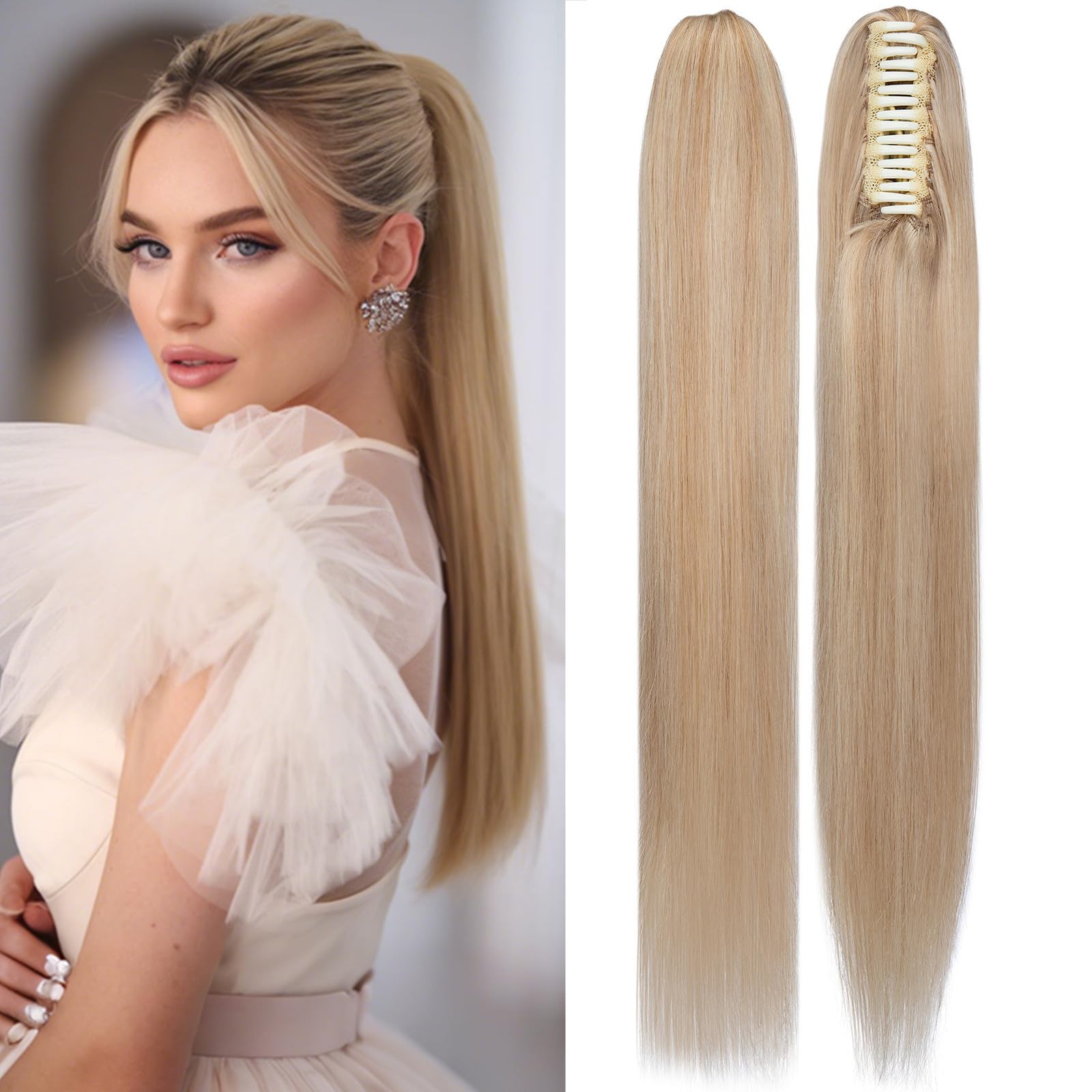 Rich Choices 20 Inch Human Hair Ponytail Extension - Clip In Remy Hair Ponytail with Balayage Highlights (Ash Blonde/Bleach Blonde, 120g) for Women - Perfect for Parties, Weddings & Everyday Styling