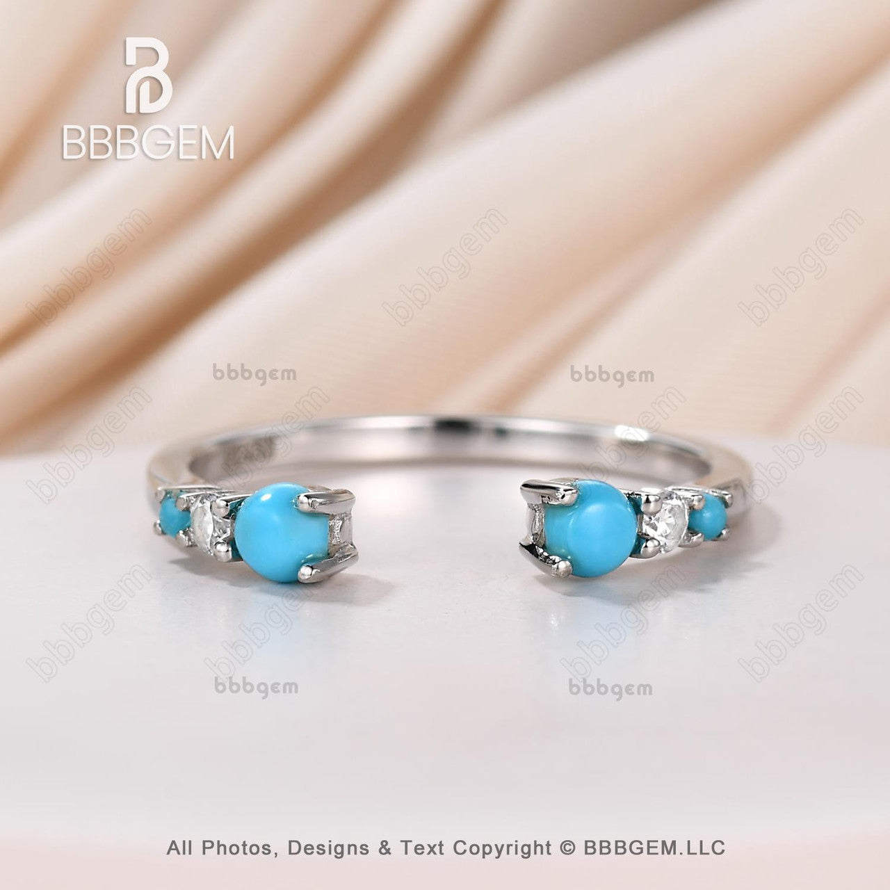 December Birthstone Turquoise Diamond White Gold Open Gap Band Ring – 1.4mm Wide Round Sleeping Beauty Turquoise Ring for Women | Perfect Gift for Birthdays, Anniversaries & Special Occasions