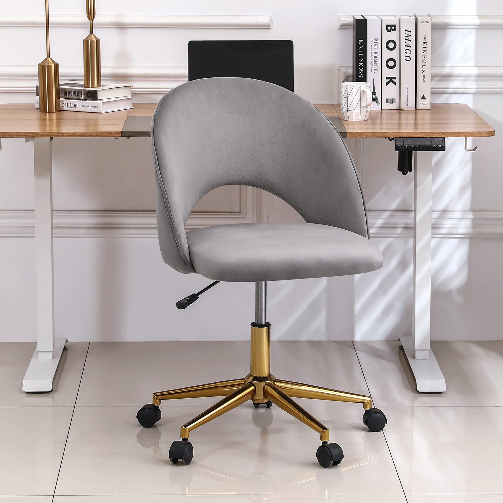 Furnimart Velvet Home Office Chair - Adjustable Height Swivel Chair with Wheels & Metal Base, Comfortable Vanity Accent Chair for Living Room, Bedroom, Study - Light Grey - Perfect for Work, Reading & Relaxation