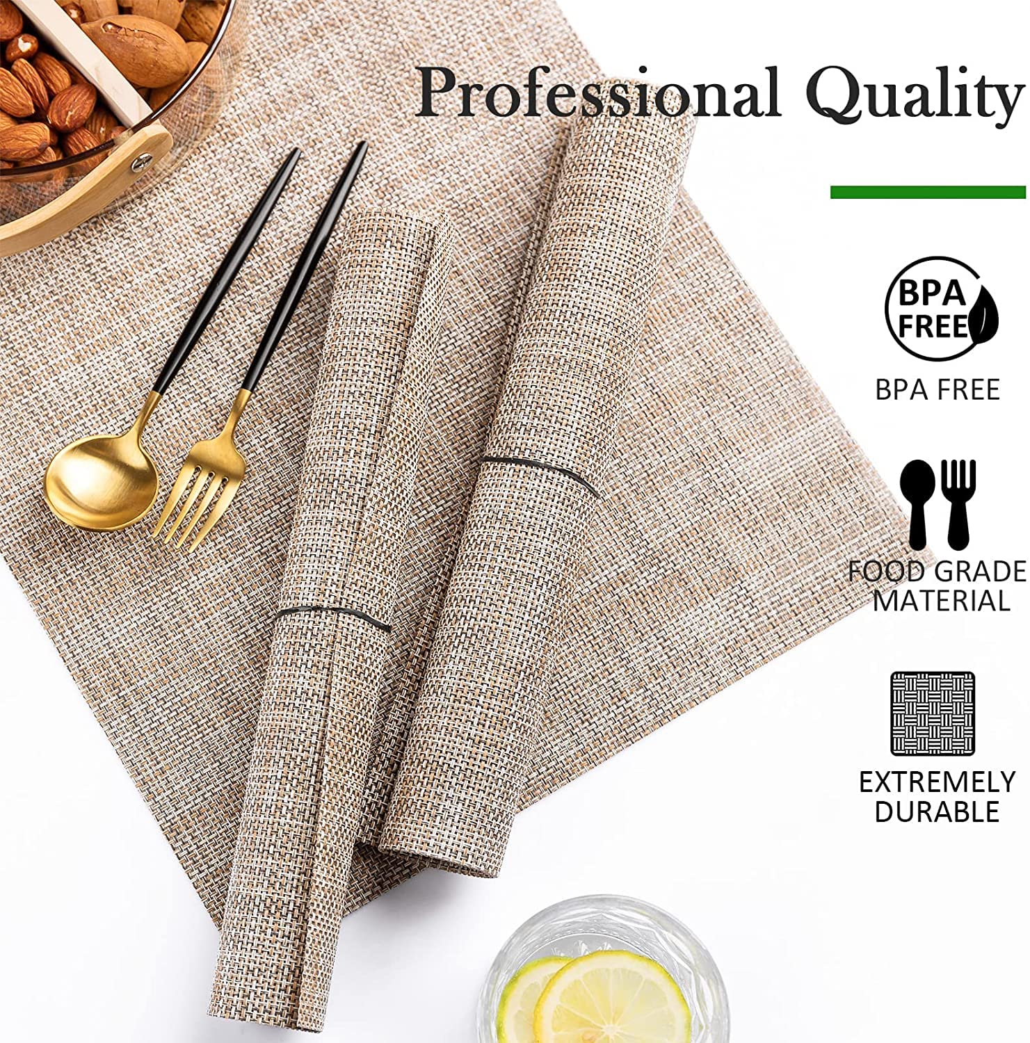 6-Pack Washable Vinyl Placemats for Dining Table - Indoor/Outdoor PVC Woven Table Mats in Caramel Brown | Perfect for Kitchen, Patio, Picnic & Restaurant Use