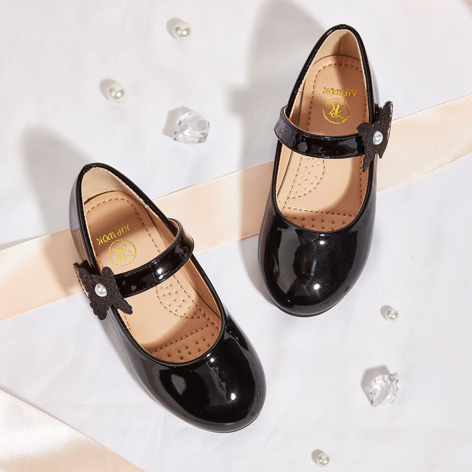K KIP WOK Toddler Girl Mary Jane Dress Shoes with Glitter & Floral Design - Perfect for Ballet, Wedding, Party & Special Occasions