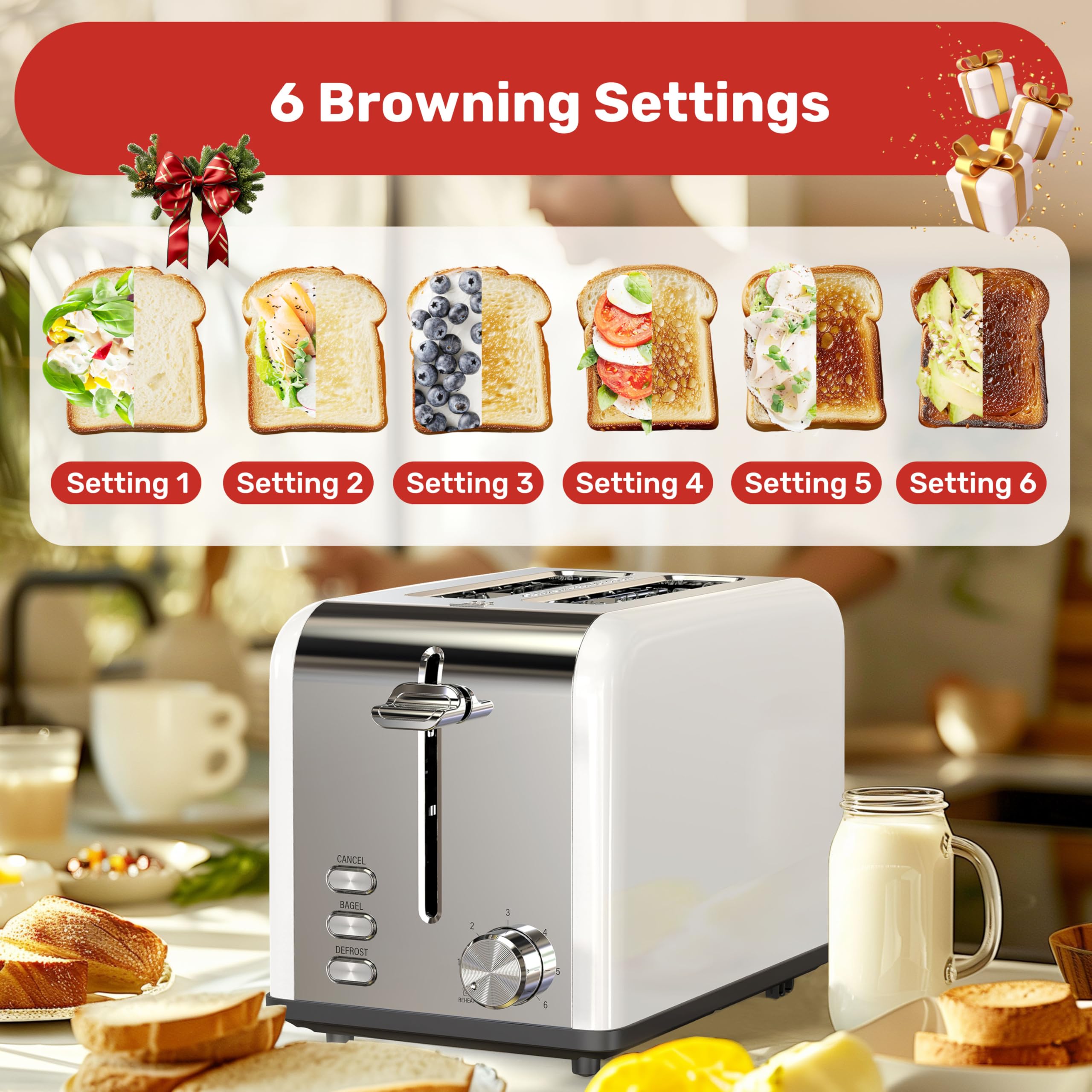 YSSOA 2-Slice Stainless Steel Toaster with Extra Wide Slots - 6 Browning Levels, Bagel/Defrost/Cancel Functions - Removable Crumb Tray - Compact Countertop Toaster for Bread, Bagels, Waffles & Pastries - Perfect for Breakfast, Office or Dorm Room Use - White