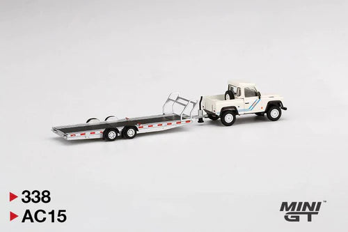 MINIGT 1:64 Scale Land Rover Defender 90 Pickup Truck with Car Hauler Trailer - Diecast Model Car for Collectors, Kids Gift, and Off-Road Adventure Display