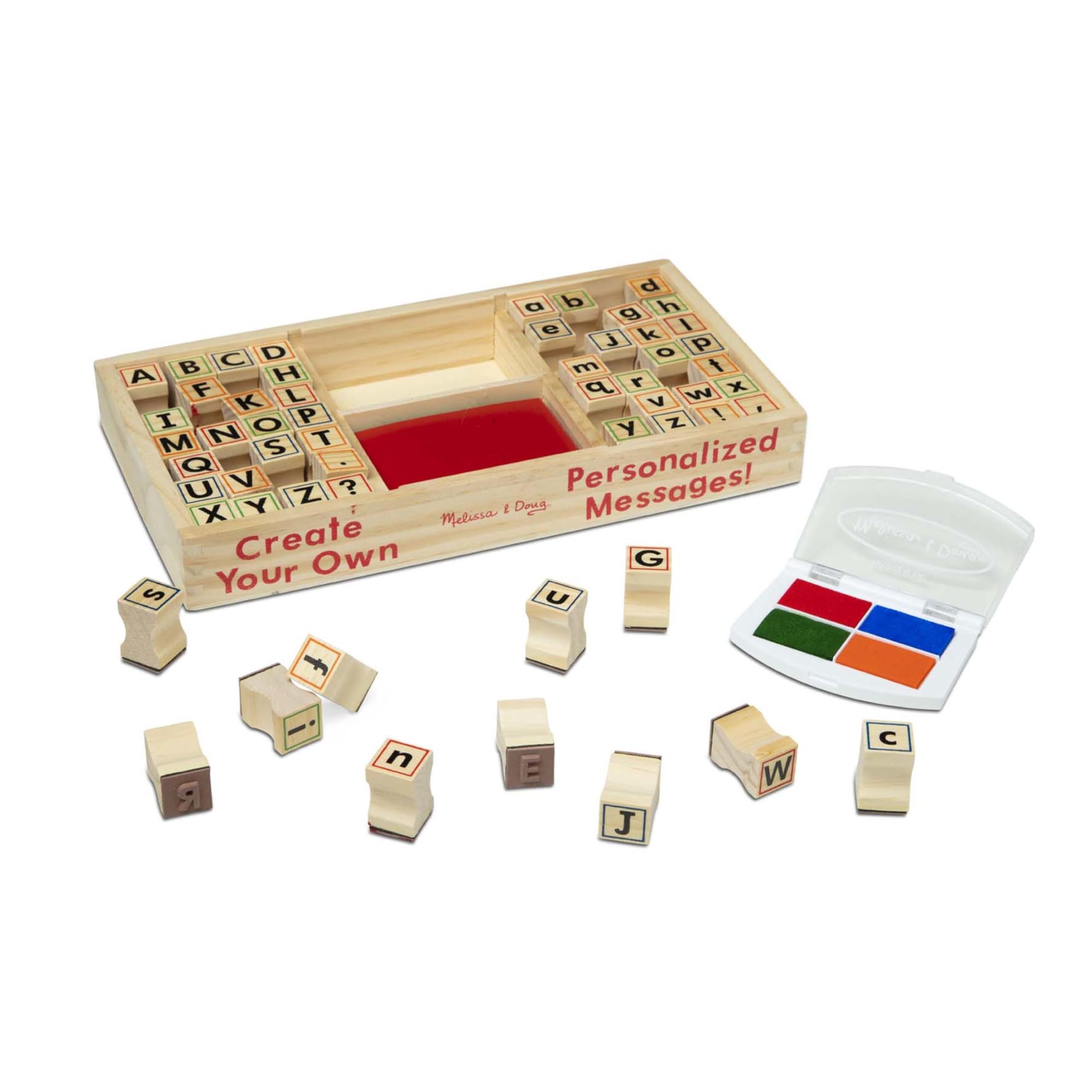 Melissa & Doug Wooden Alphabet Stamp Set - 56 Lowercase & Uppercase Letter Stamps for Kids Ages 4+, ABC Learning Toys, Preschool Writing Practice, Arts & Crafts Supplies for Homeschool & Classroom Activities