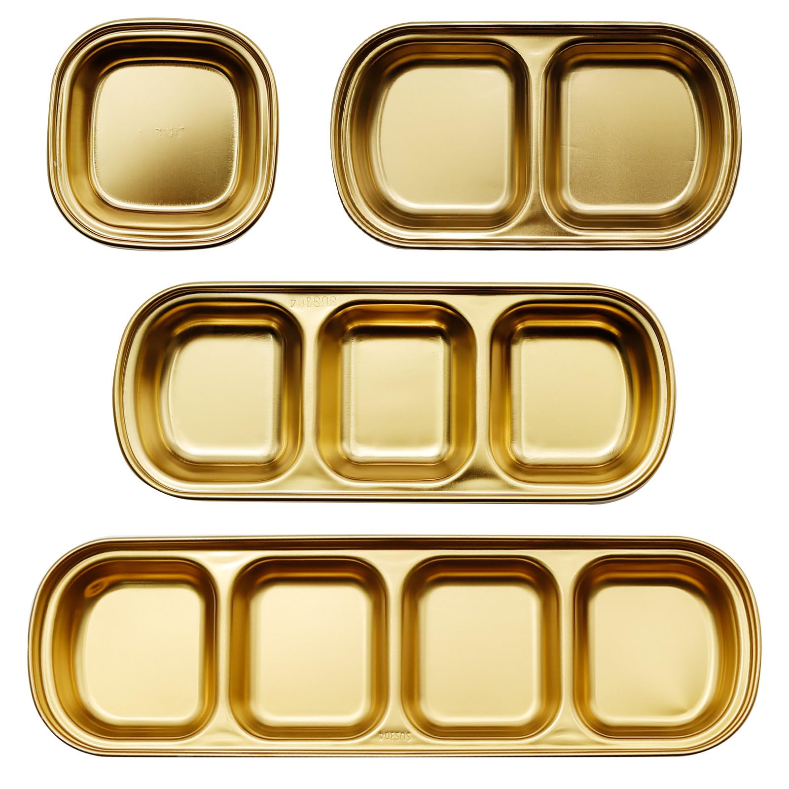 4 Pcs Stainless Steel Divided Dipping Plates - 1/2/3/4 Compartment Sauce Bowls for Soy, Vinegar & Spices | Condiment Tray for Home, Restaurant & Party Snacks | Perfect for Sushi, Dumplings & BBQ Dips