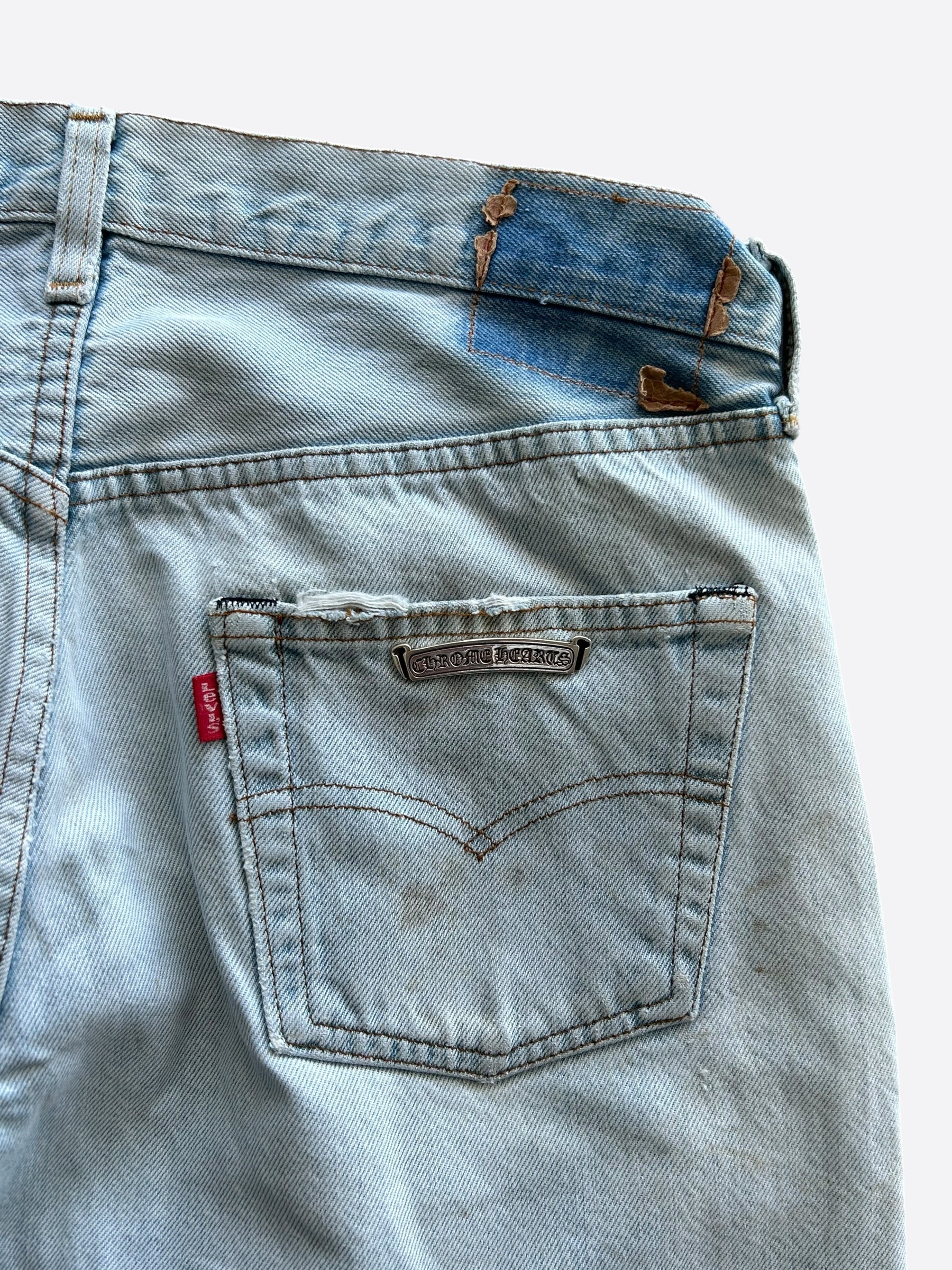 Chrome Hearts x Levi's Distressed Blue Jeans for Men - Vintage Denim Pants with Ripped Details - Perfect for Casual Wear and Street Style Outfits