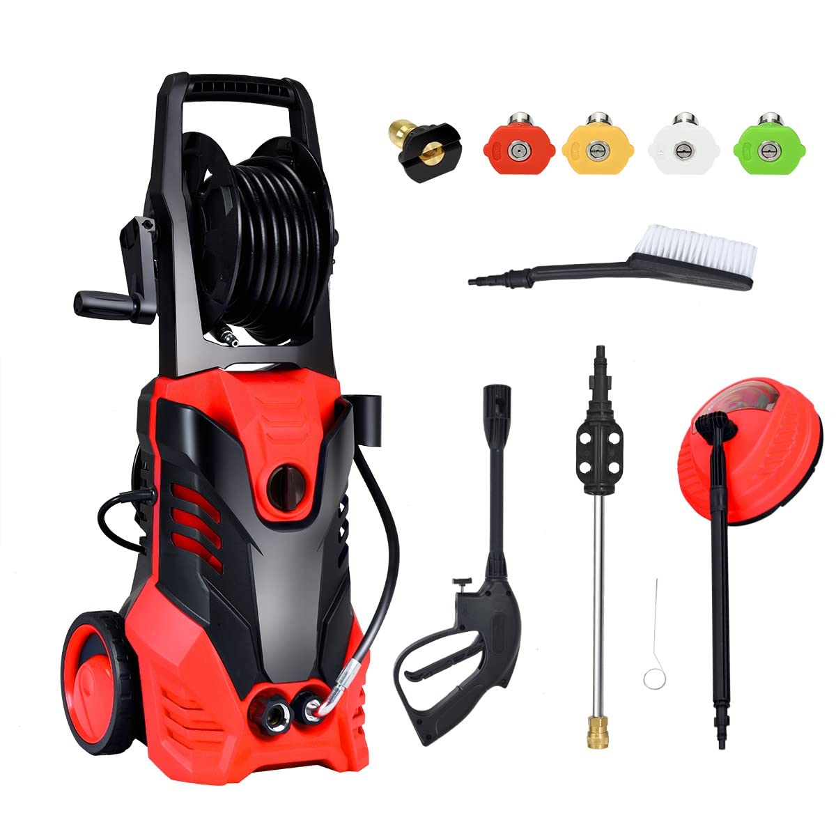Happytools 3000 PSI Electric Pressure Washer - 2 GPM Portable High-Pressure Power Washer with 5 Quick Connect Nozzles, Hose Reel, Spray Gun & Patio Cleaner - Ideal for Driveway, Deck, Fence & Outdoor Cleaning (Red)
