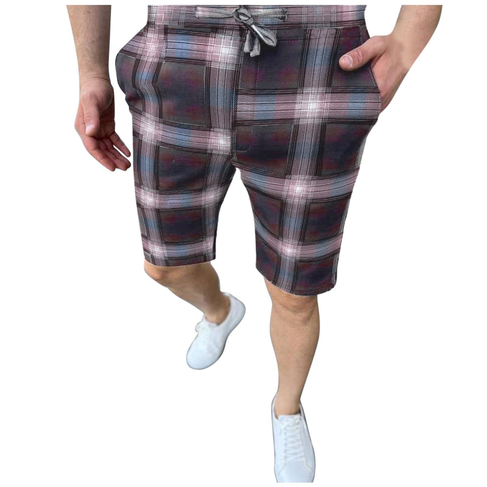 Men's Plaid Printed Stretch Athletic Shorts with Drawstring & Pockets - Big & Tall Casual Summer Shorts for Running, Gym, and Outdoor Activities