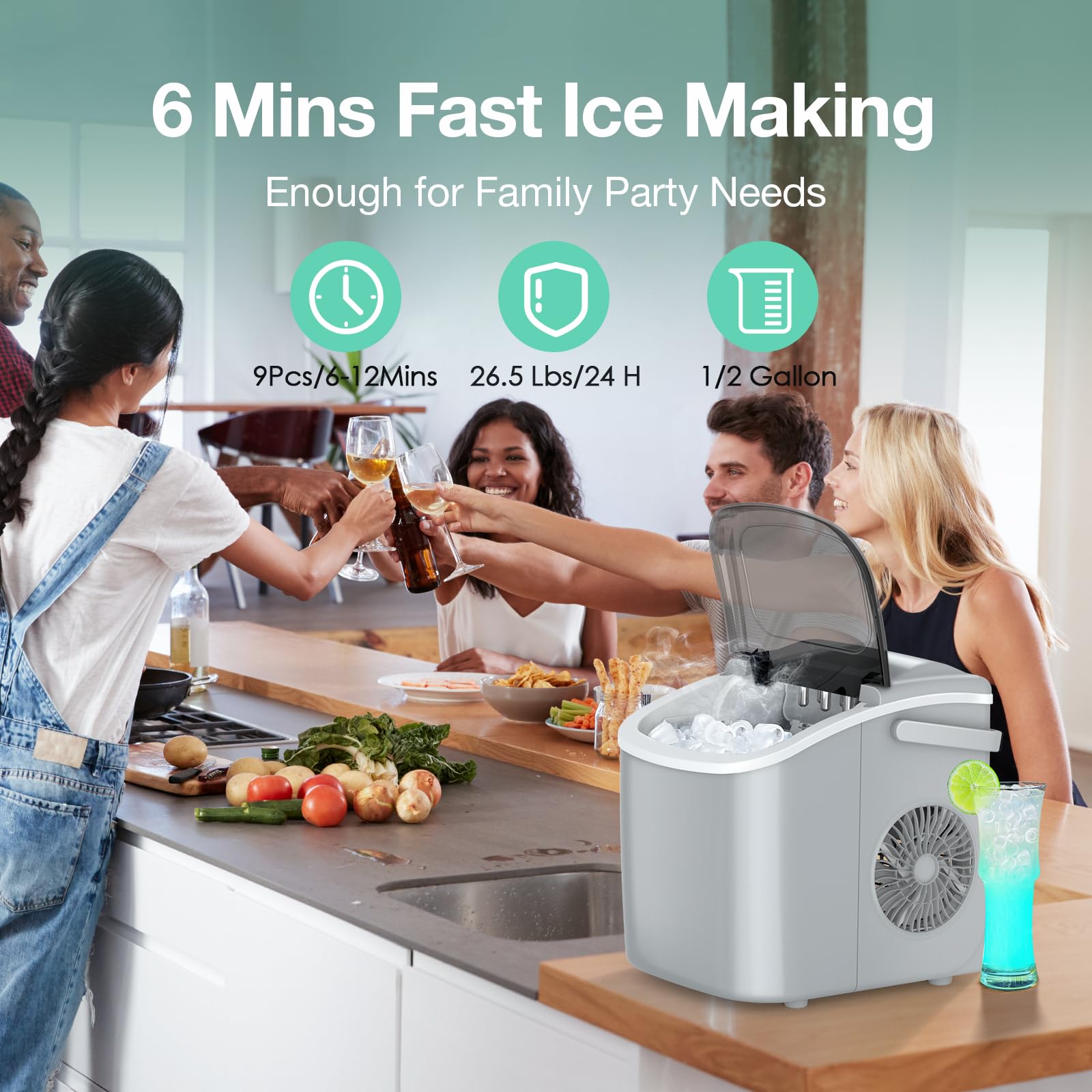 Portable Countertop Ice Maker Machine - 9 Ice Cubes in 6 Minutes, 26.5lbs/24H, Self-Cleaning with Ice Scoop & Basket - Perfect for Home Kitchen, Office, RV, Camping & Outdoor Parties