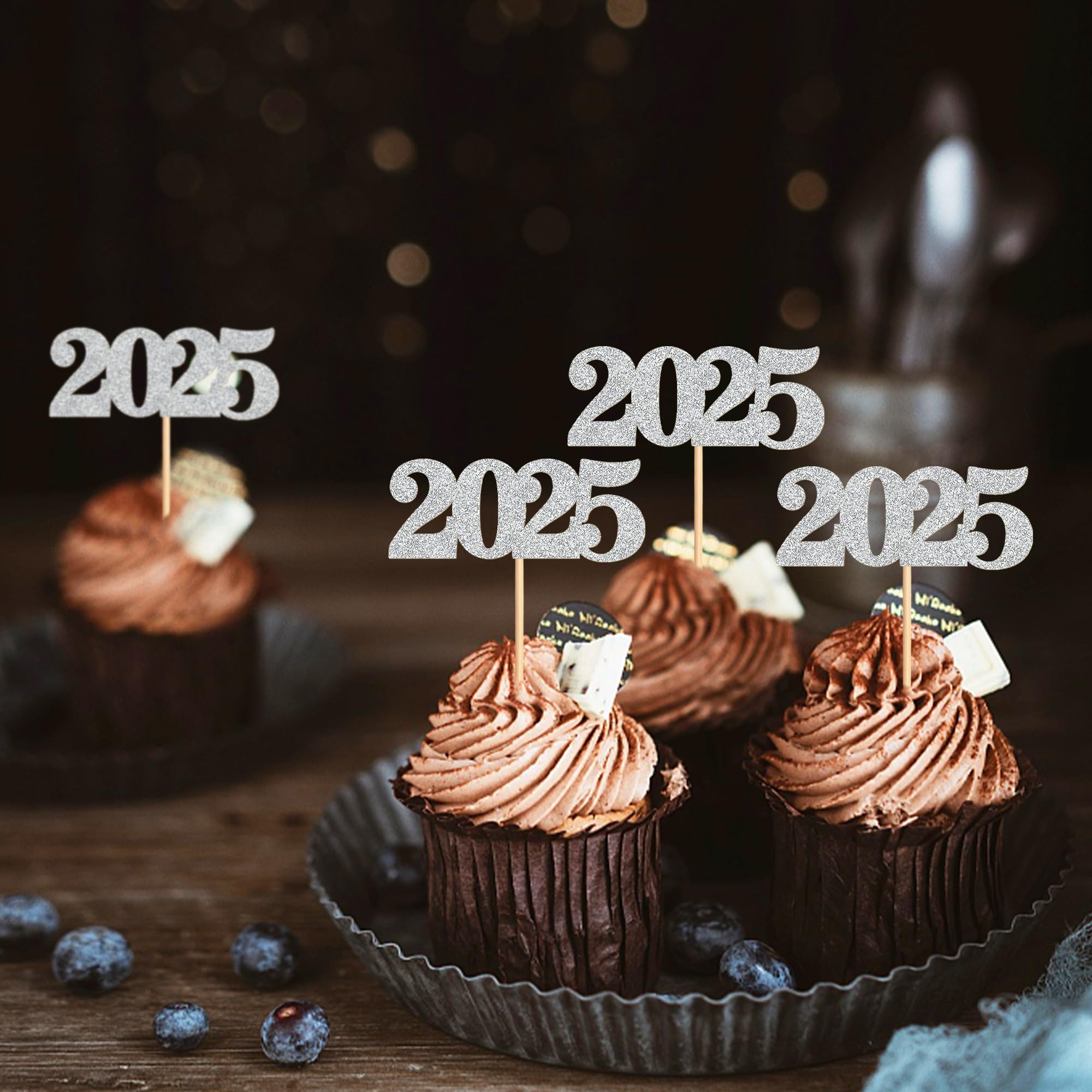 40 Pcs Silver Glitter New Year Cupcake Toppers 2025 - Cheers to 2025 Cake Picks for New Year's Eve Party Decorations - Perfect for Birthday, Wedding, and Holiday Celebrations
