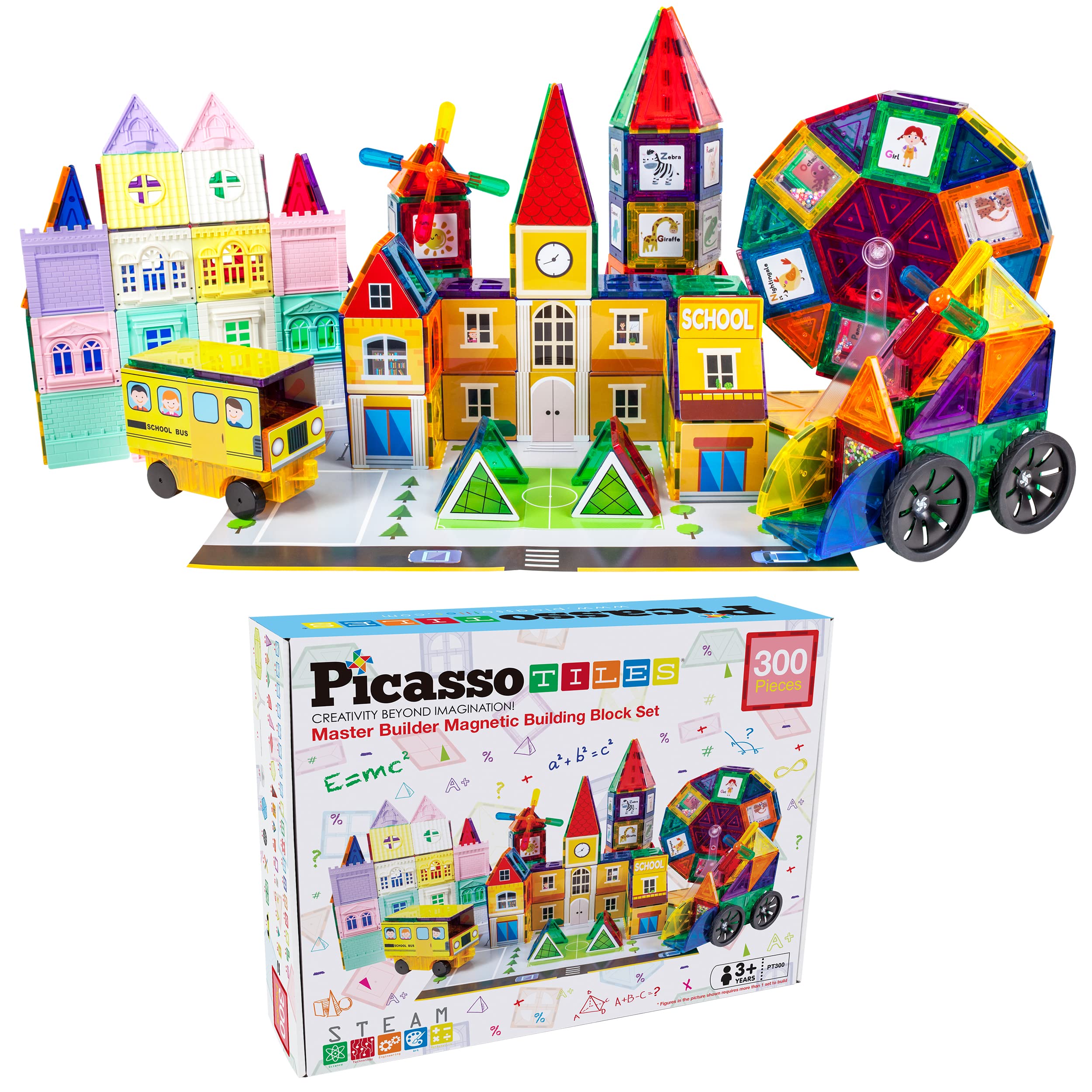 PicassoTiles 300-Piece Magnetic Building Blocks Set with 3-in-1 Playboard - STEM Educational Toys for Kids, Includes Magnetic Tiles, Bricks & Action Figures - Perfect for Creative Play, Classroom Learning & Family Bonding Activities