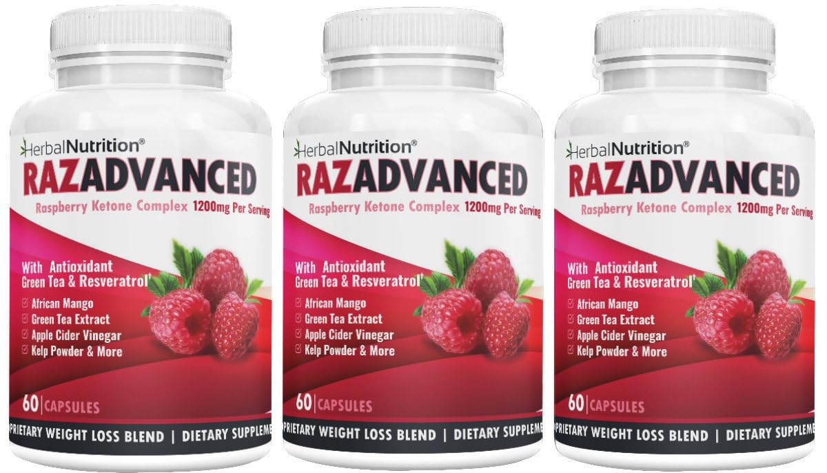 RAZADVANCED Raspberry Ketones Weight Loss Supplement - 3 Bottles (180 Capsules) with 1200mg per Serving | African Mango, Apple Cider Vinegar, Green Tea Extract | Supports Metabolism & Fat Burning | Perfect for Daily Weight Management & Fitness Routines