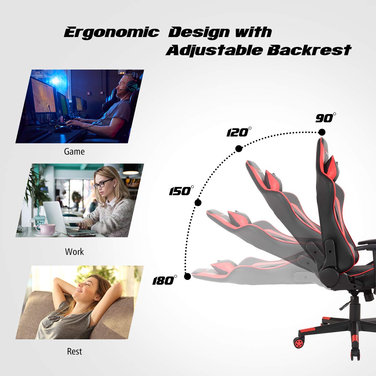 Goplus Massage Gaming Chair - Ergonomic High Back Racing Office Chair with Reclining Backrest, Adjustable Handrails & Seat Height, PU Swivel Design, Headrest & Lumbar Support - Perfect for Gaming, Work & Home Office Relaxation