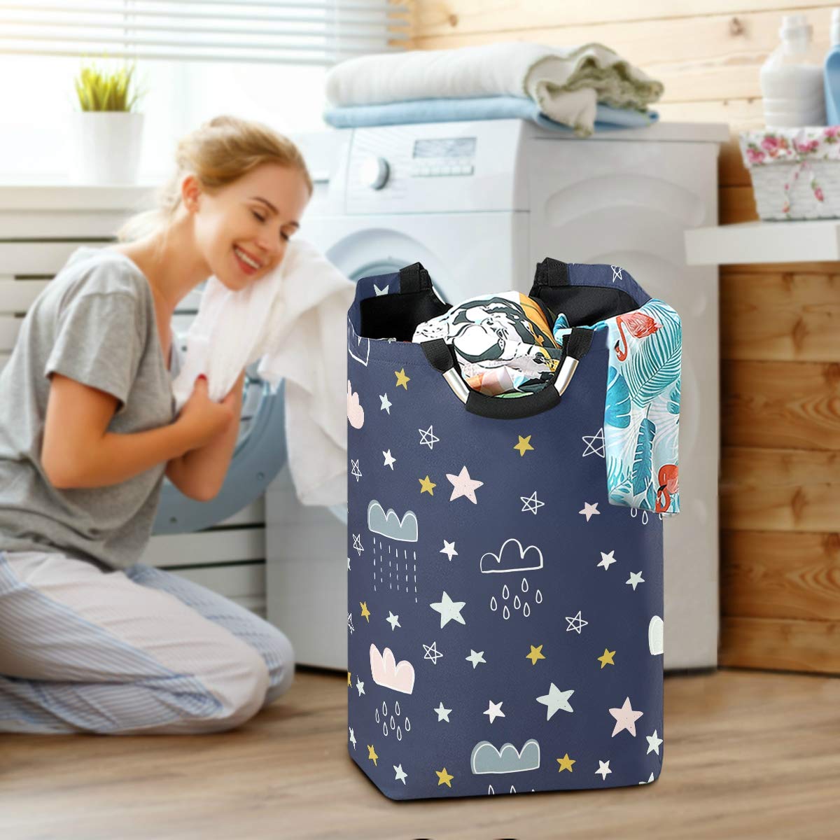 Vikko Foldable Kids Laundry Basket - Cute Star Cloud Moon Design, Blue Clothes Hamper Organizer for Toys, Books & Bedroom Storage | Perfect for Nursery, Playroom & Dorm Organization