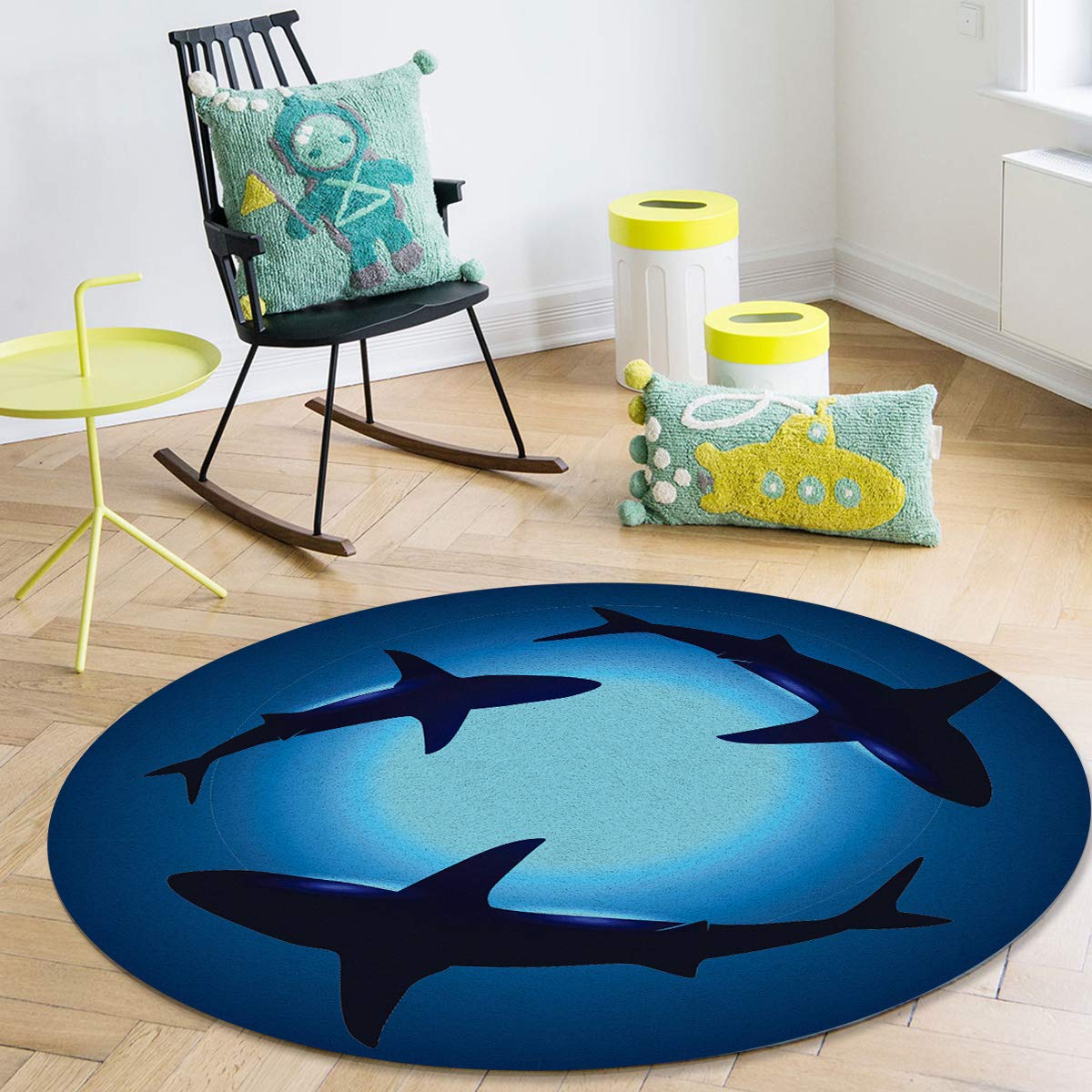 Large Round Area Rug for Bedroom & Living Room - Non-Slip Undersea Shark Silhouette Carpet, 3.3ft Washable Floor Mat in Black & Blue - Perfect for Kids Room, Dorm Decor & Home Office (Thalassophobia Theme)