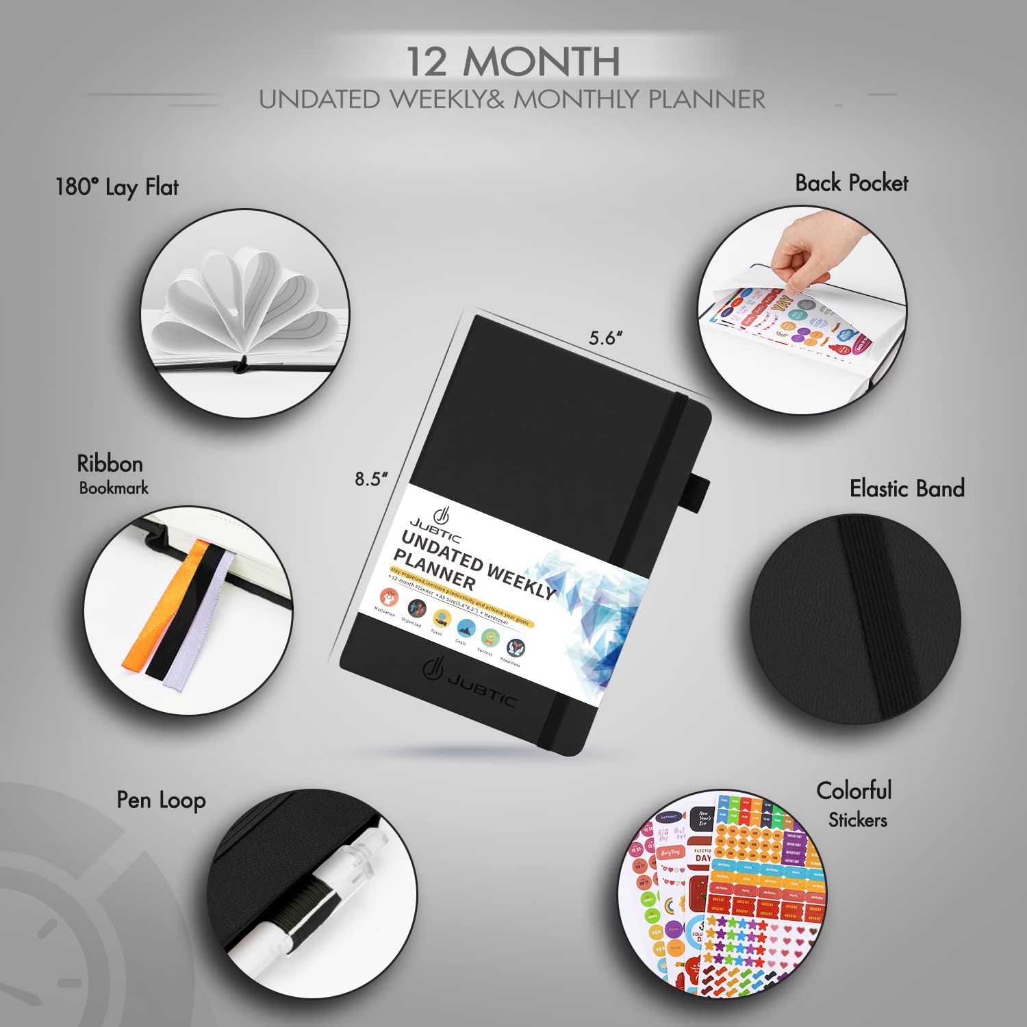 JUBTIC Undated Weekly & Monthly Planner - A5 Productivity Notebook with Stickers, To-Do List, Calendar for Time Management & Organization | Perfect for Work, School, Home Office & Daily Planning (Black) 2025