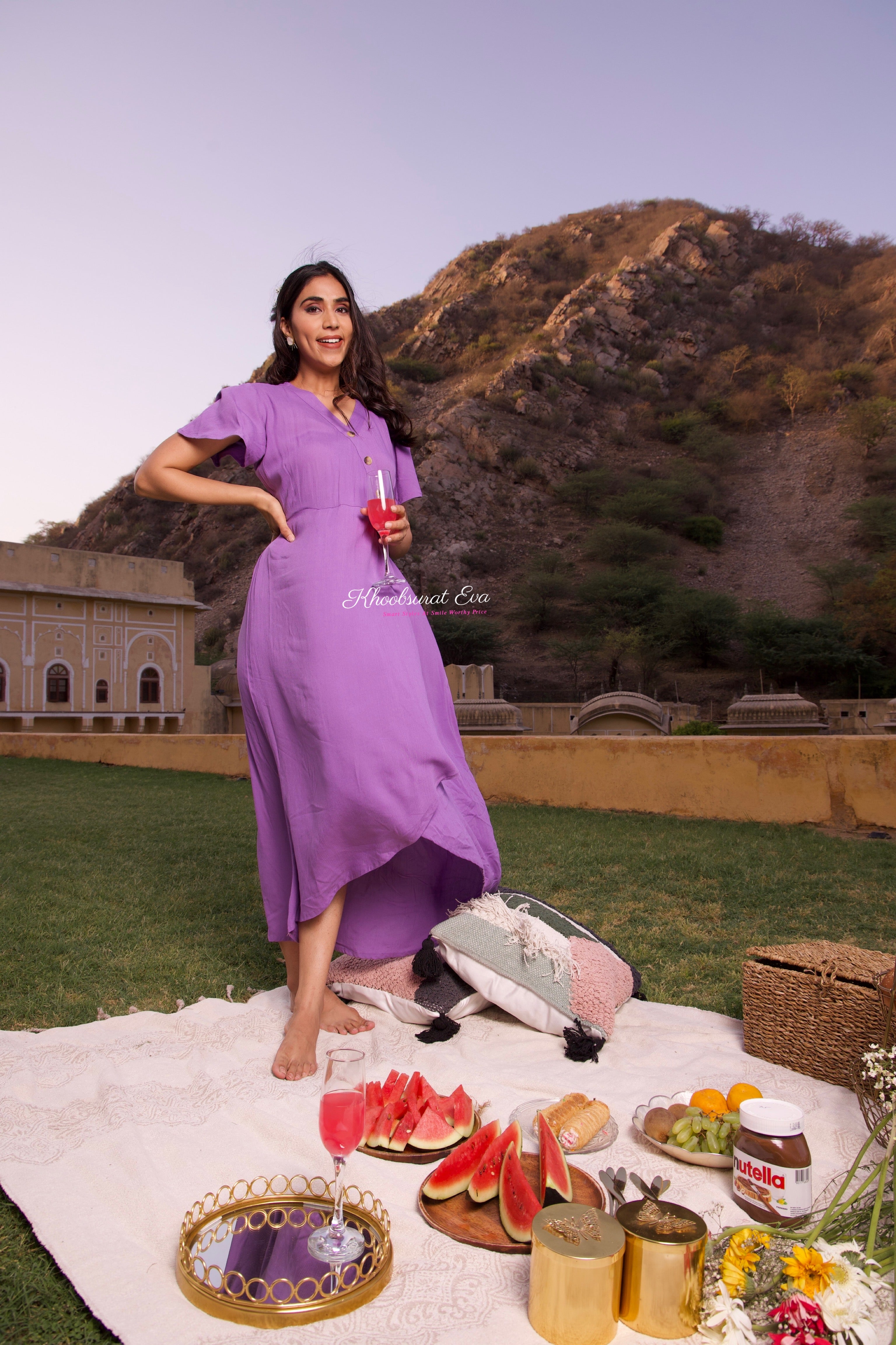 Lavender V-Neck Midi Dress for Women - Flowy Summer Dress with Pockets | Perfect for Beach, Wedding & Casual Outings