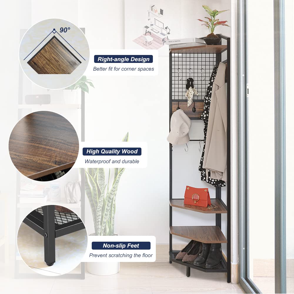 Corner Hall Tree with Coat Rack, Shoe Storage & Shelf - Freestanding Entryway Organizer for Home & Office (Brown) | Perfect for Small Spaces, Apartments & Mudrooms