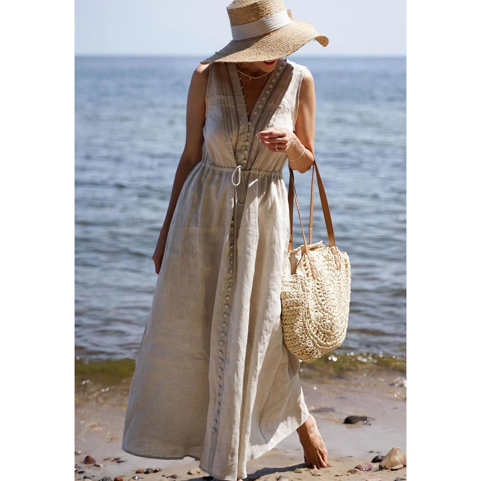 CHICWISH Women's V-Neck Sleeveless Linen Midi Dress with Side Pockets - Casual Beach Summer Vacation Dress for Women | Perfect for Travel, Brunch & Outdoor Events