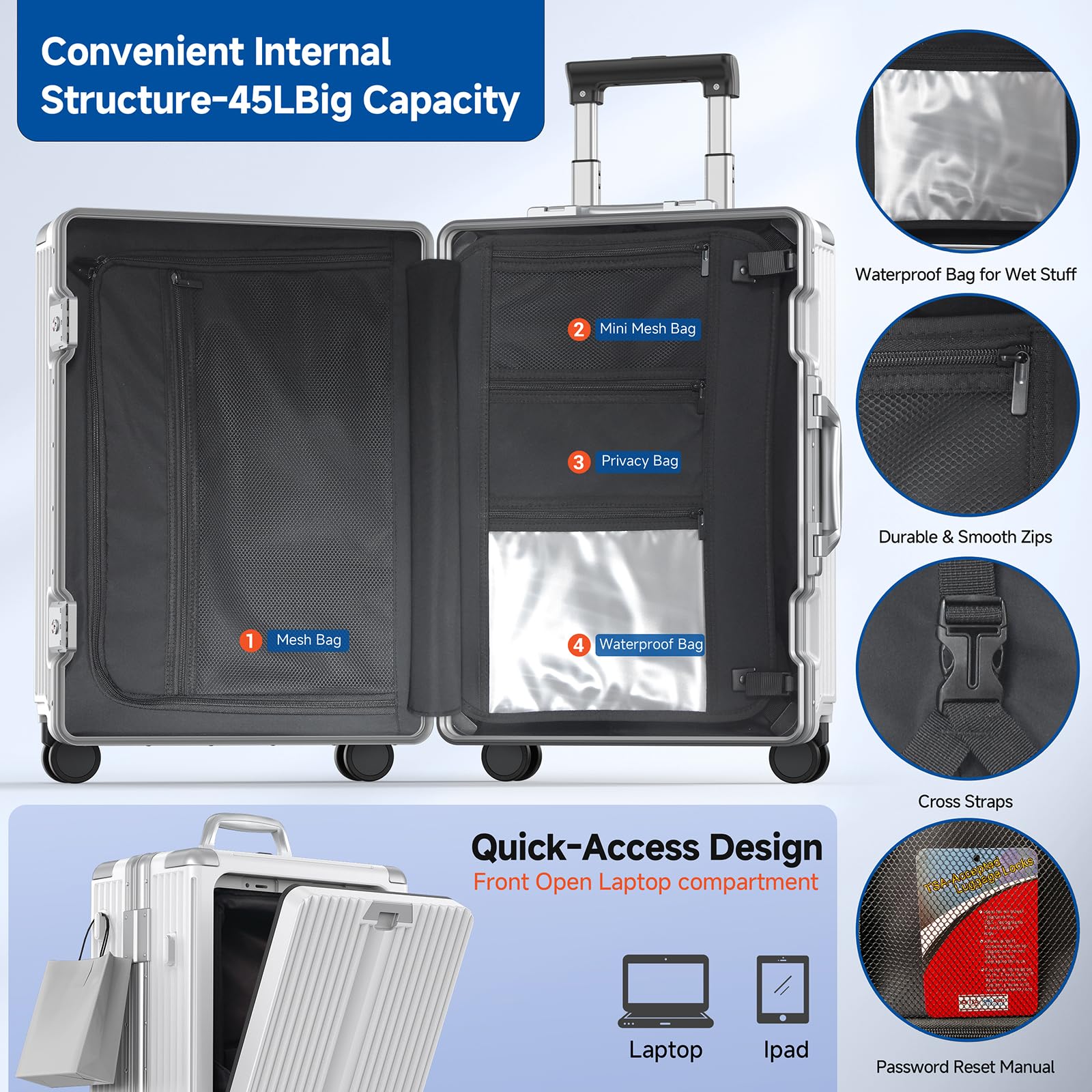 TSA Approved 22x14x9 Inch Carry On Luggage with 360° Spinner Wheels - Aluminum Frame Business Suitcase with Laptop Compartment & Cup Holder, Flexible Handle for Air Travel (White) - Perfect for Business Trips & Weekend Getaways
