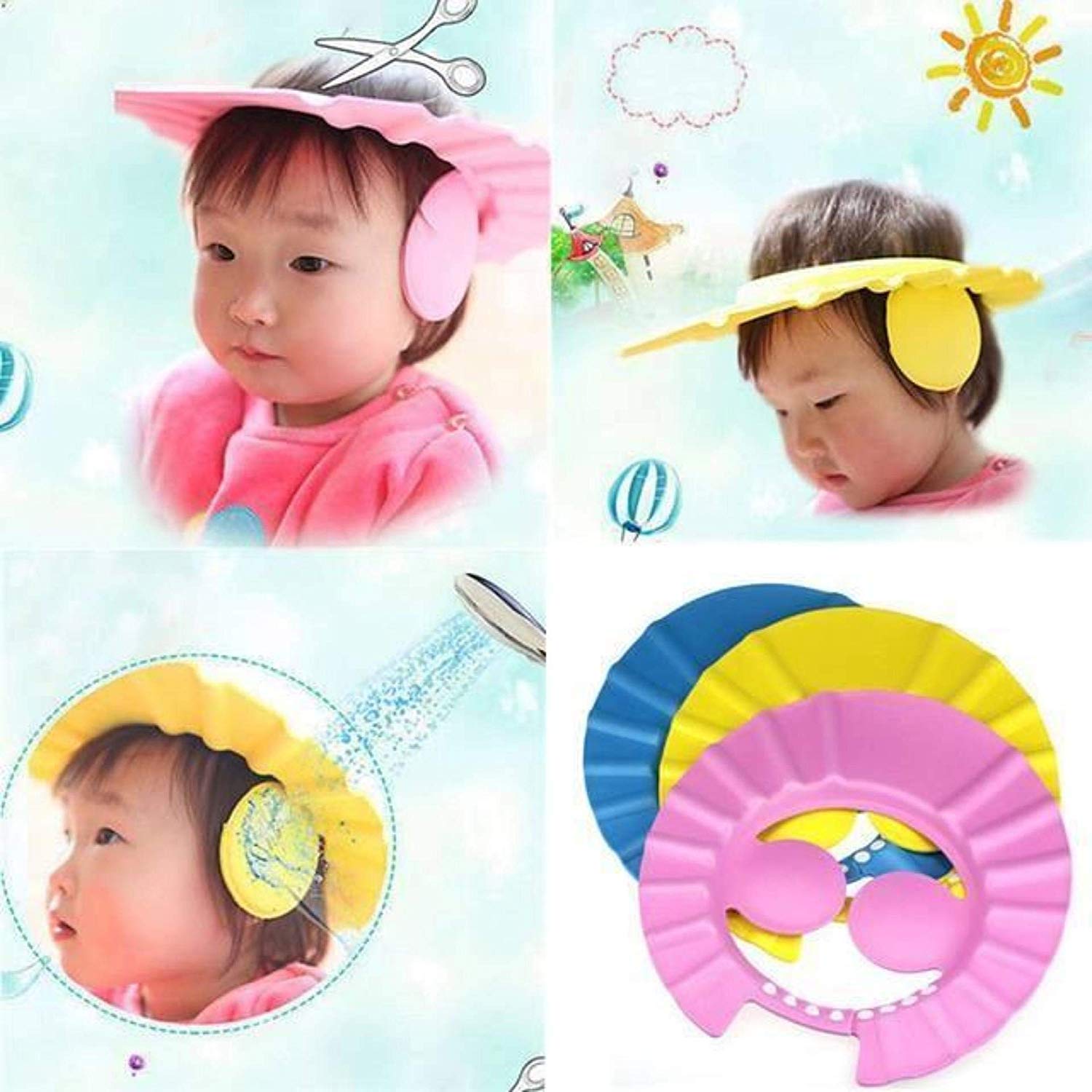 Milindi Adjustable Baby Bath Shower Cap - Soft Waterproof Shower Hat for Infants & Toddlers (2 Pack, Multicolor) - Protect Eyes & Ears During Bath Time, Hair Wash & Swimming