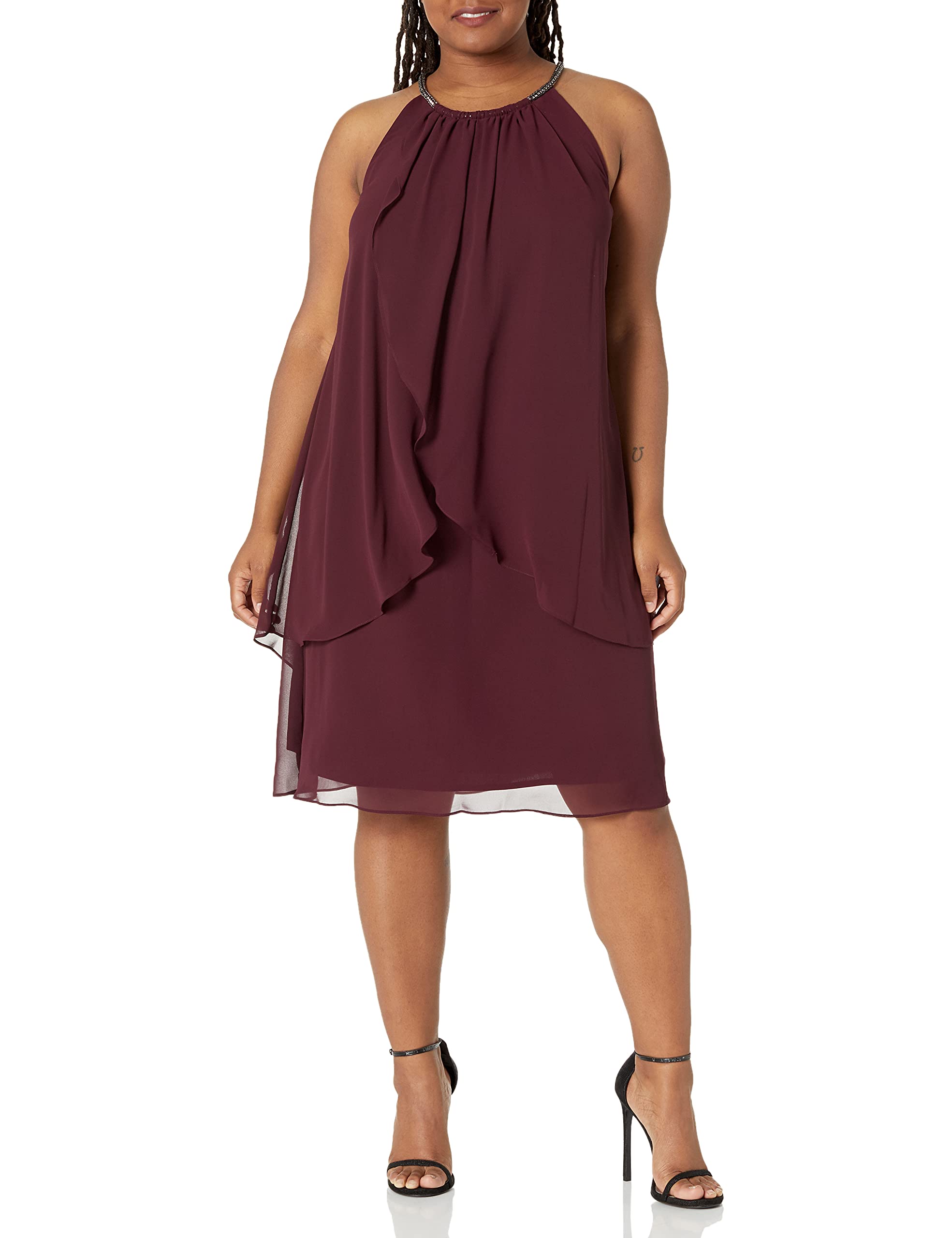 S.L. Fashions Women's Plus Size Split Front Halter Neck Dress - Flattering Summer Maxi Dress for Beach, Party & Vacation | Trendy Plus Size Clothing for Curvy Women