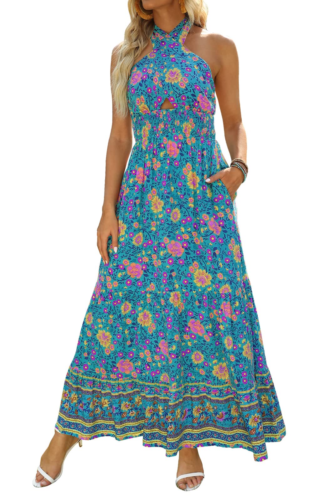 ZESICA Women's Summer 2025 Halter Neck Sleeveless Plaid Maxi Dress with Cut Out Back - Flowy A-Line Beach Dress for Vacation, Party & Date Night