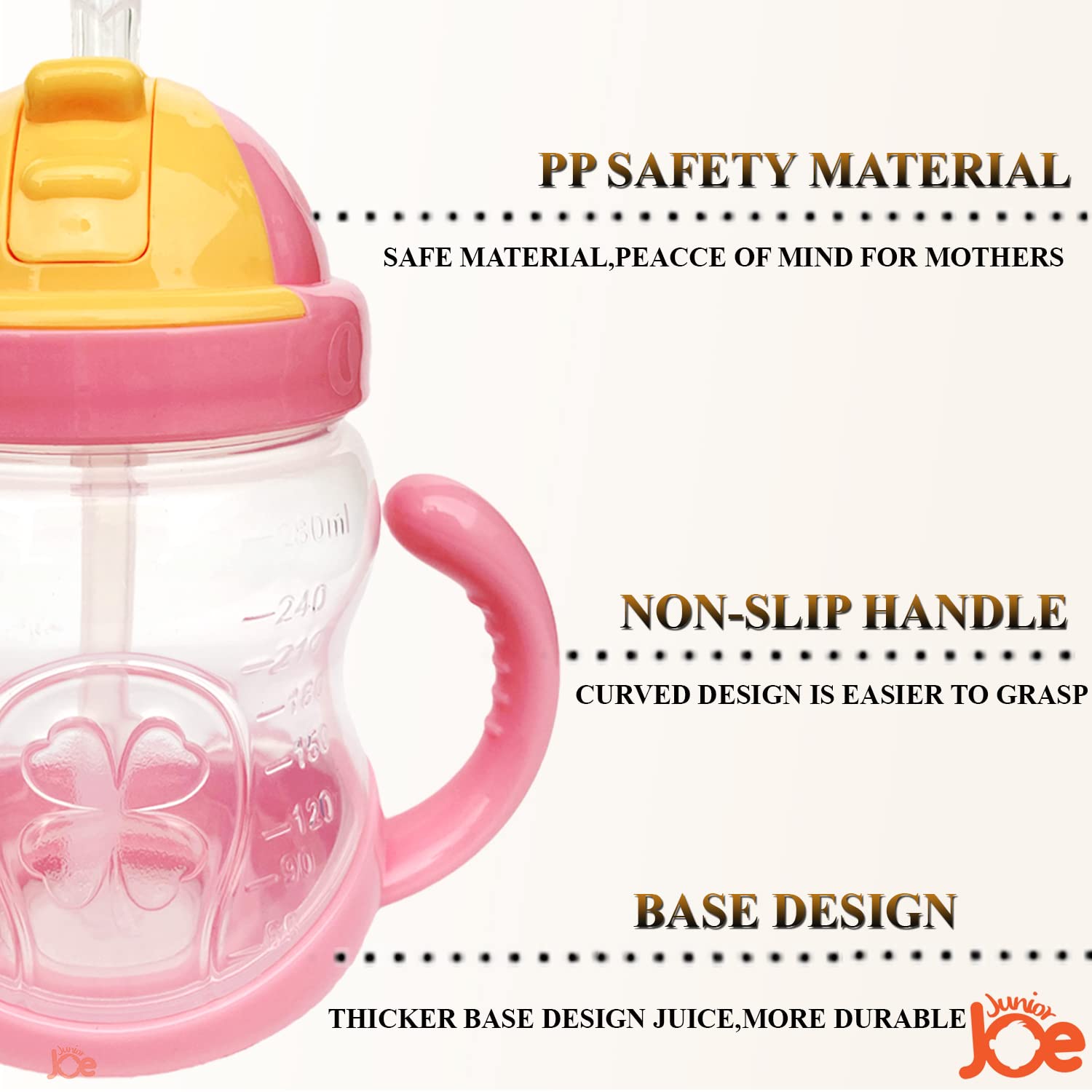 JUNIOR JOE Plastic Baby Straw Sipper Water Bottle - 280ml (Pink) | BPA-Free Leak-Proof Toddler Cup for Kids | Perfect for Daycare, Travel & On-the-Go Hydration