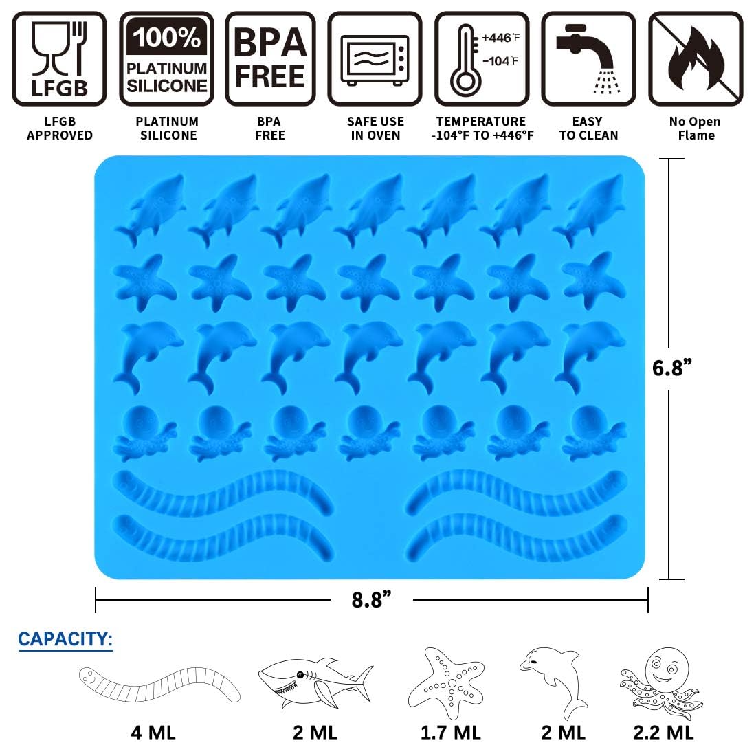 Premium Silicone Gummy & Hard Candy Molds Set - 3-Pack Ocean Theme (Worms, Starfish, Dolphins, Octopus, Sharks) | BPA-Free, Pinch Test Approved | Perfect for DIY Candy Making, Birthday Parties & Baking Decorations