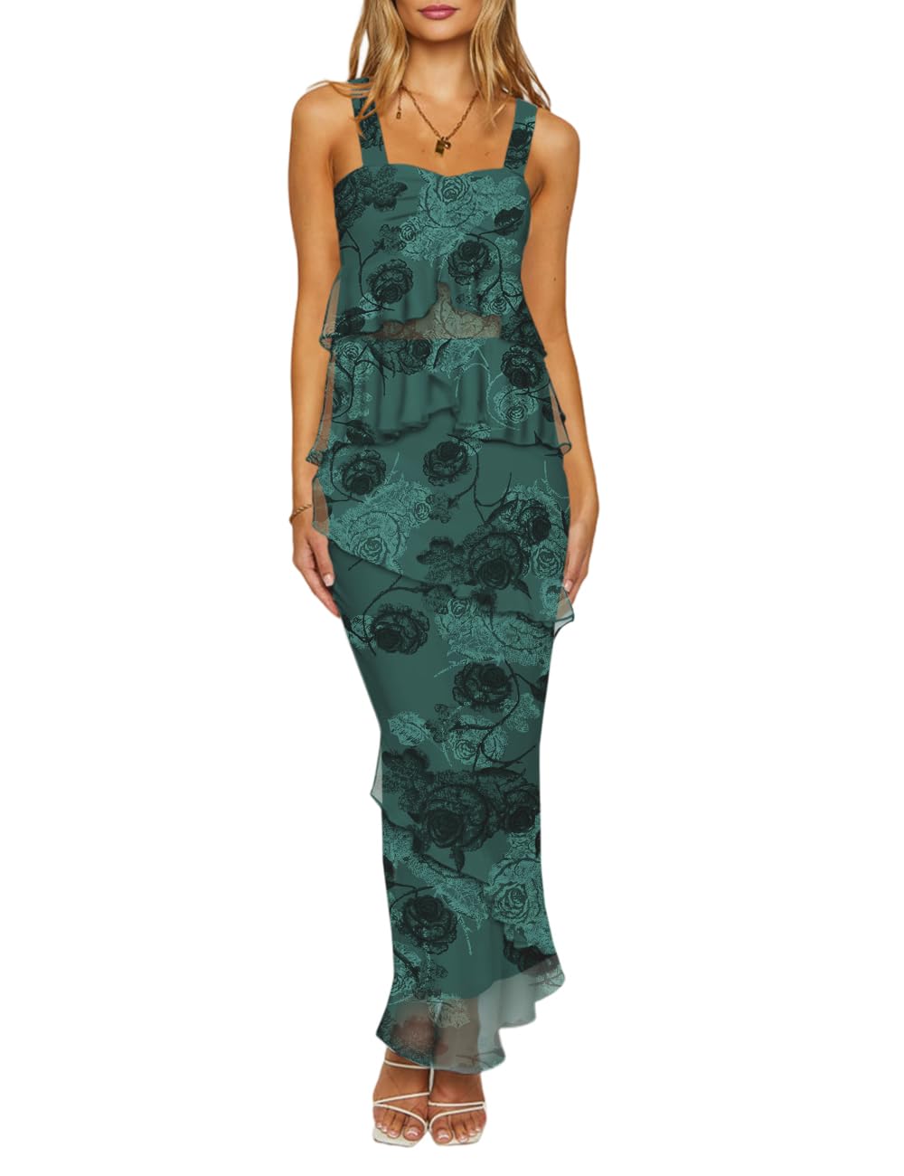 Lrady Women's Two Piece Skirt Set - Sleeveless Peplum Ruffle Maxi Dress for Beach, Wedding Guest & Party Outfits | Formal Bodycon Dress for Special Occasions