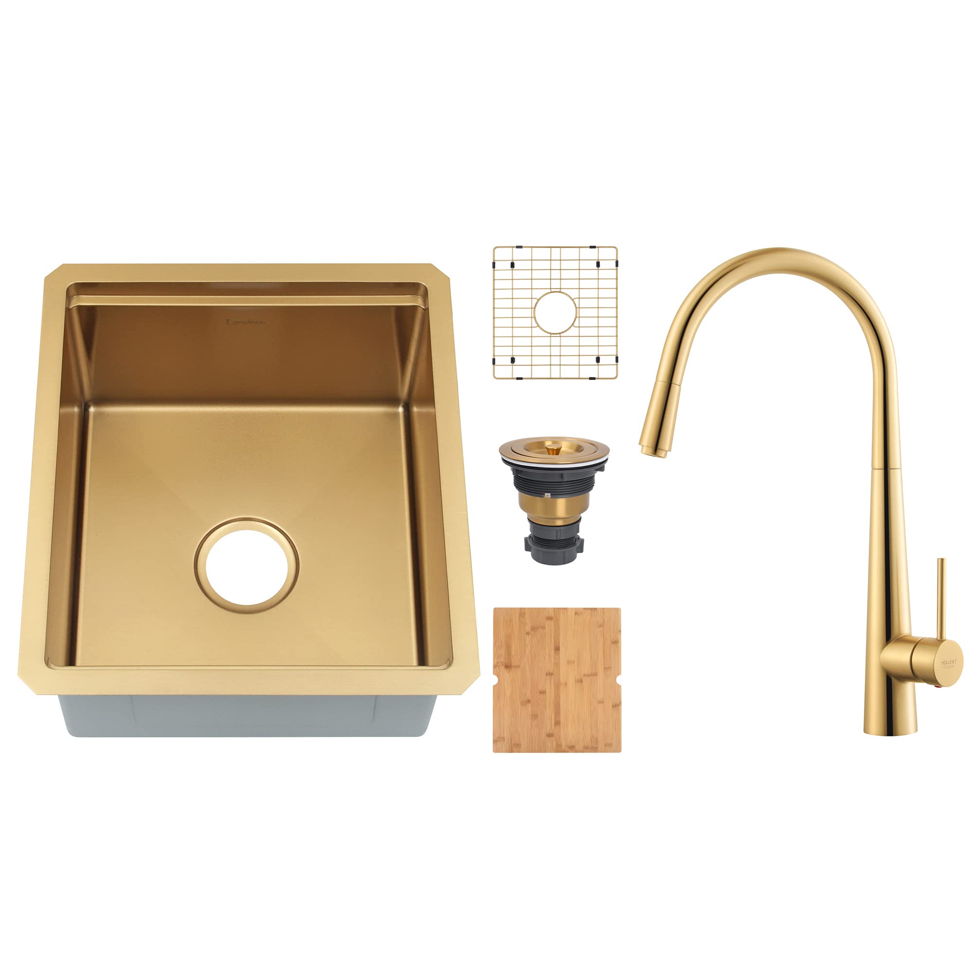 Lonsince 17x19 Inch Undermount Bar Sink in Gold - RV Kitchen Sink with Pull Down Sprayer Faucet for Small Spaces, Outdoor Bars & Tiny Homes
