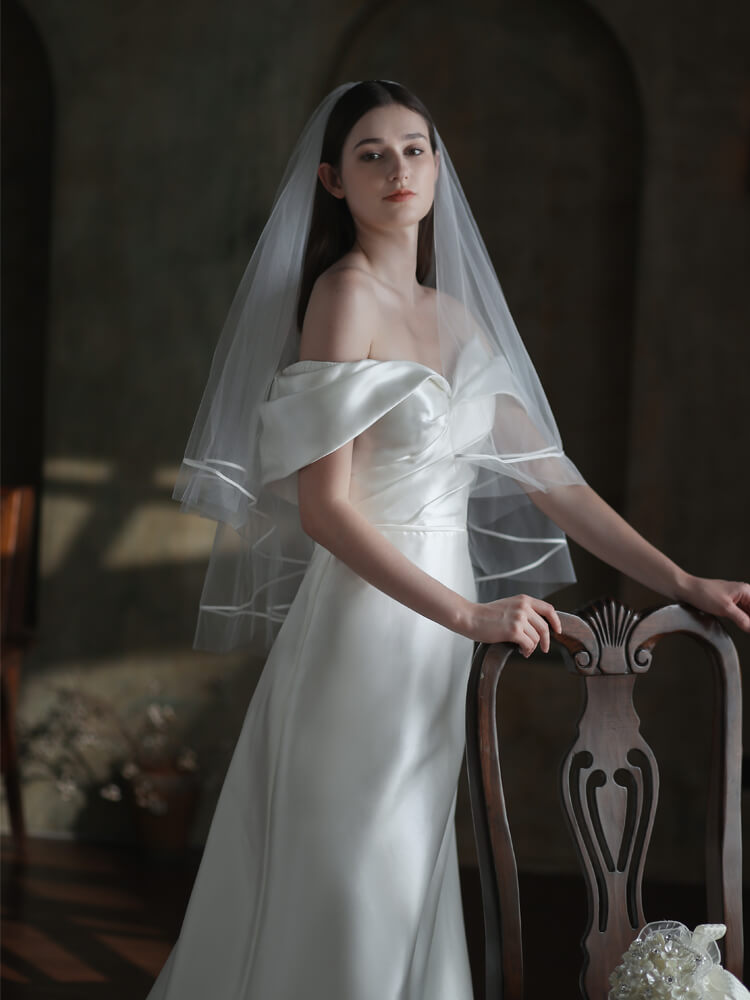 2 Layer Tulle Wedding Bridal Veil - Midi Length Cathedral Veil with Comb - Perfect for Bridal Shower, Ceremony & Reception (Style V853xmj)